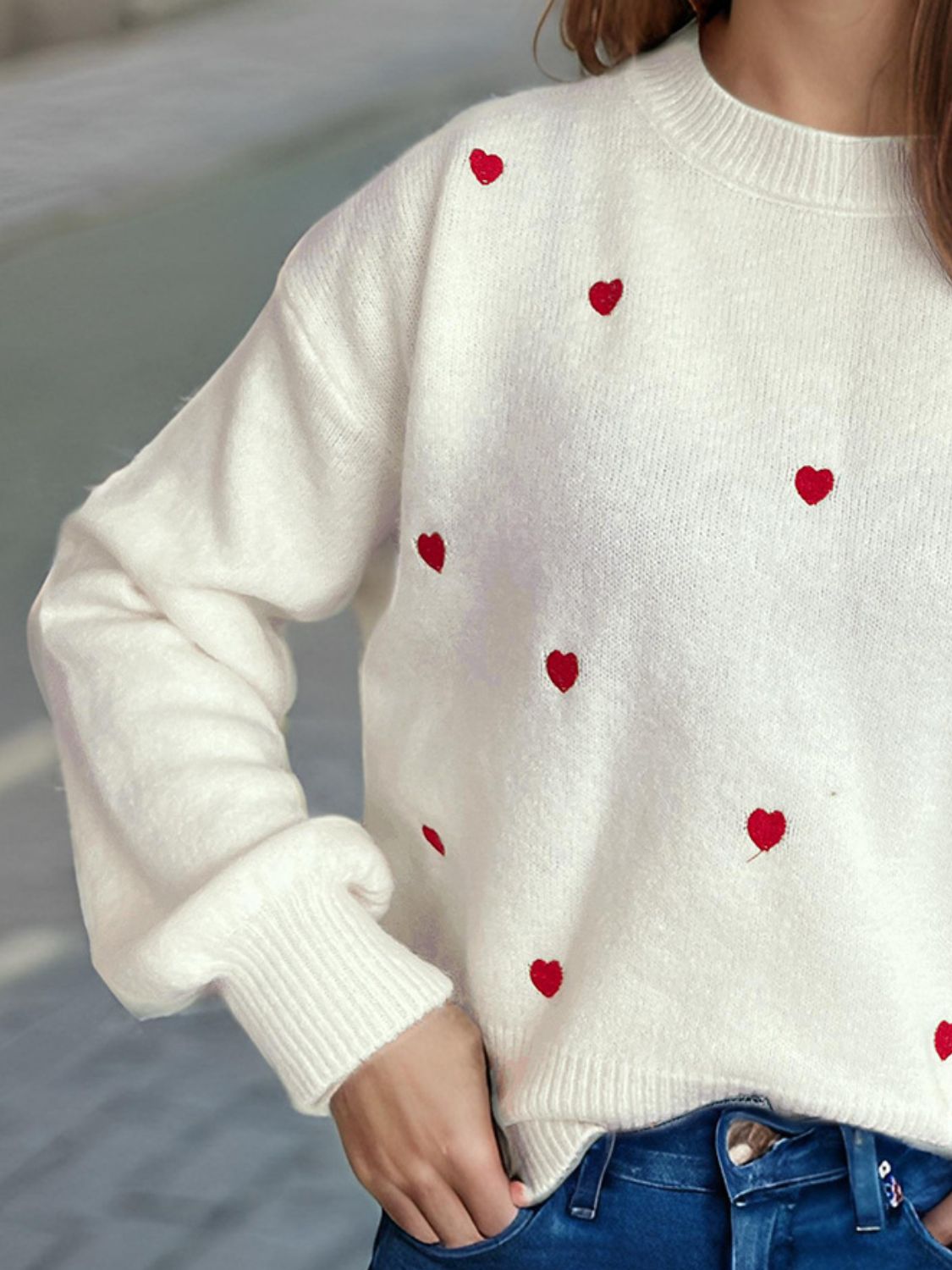 Heart Round Neck Long Sleeve Sweater-TOPS / DRESSES-[Adult]-[Female]-2022 Online Blue Zone Planet