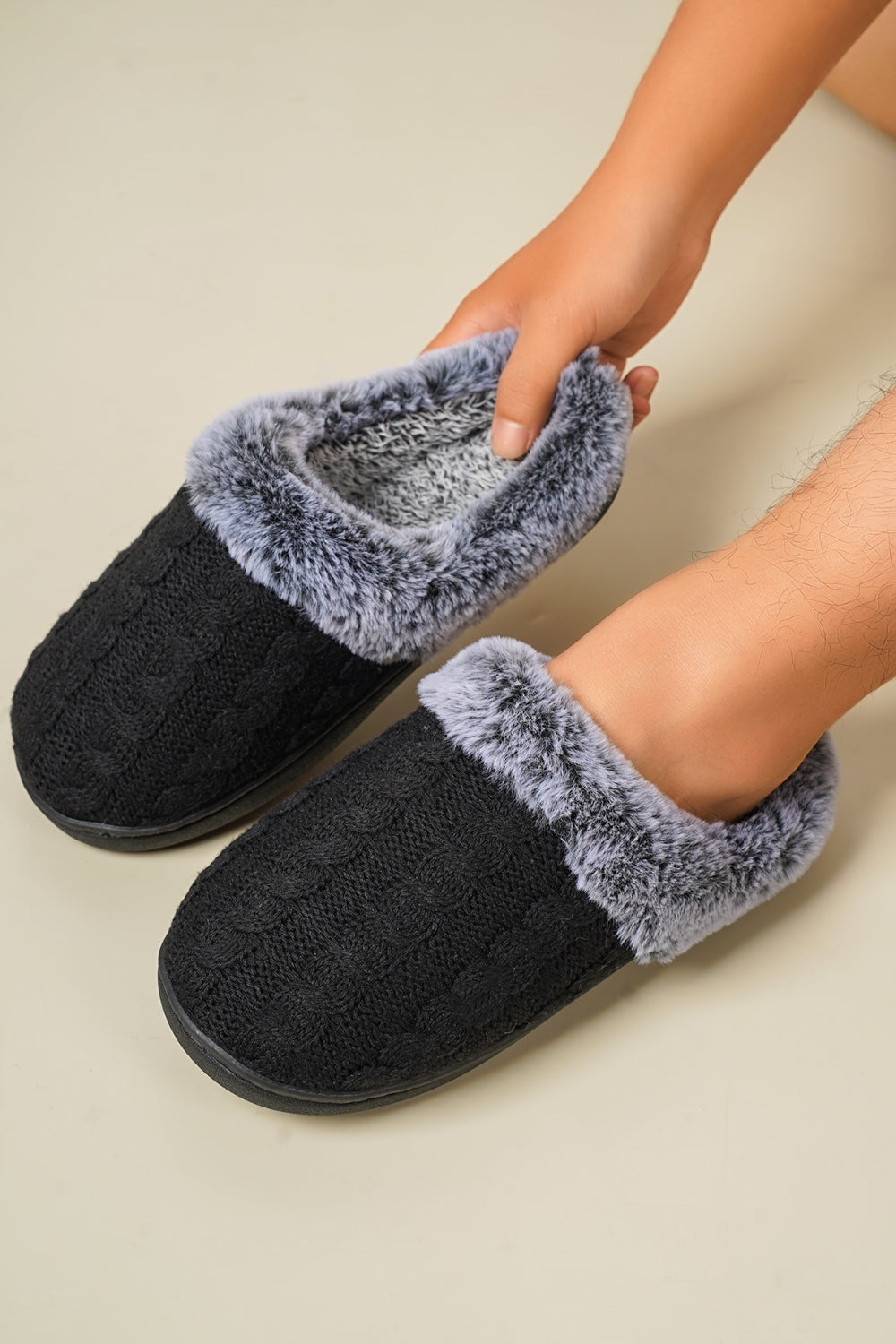 Blue Zone Planet | Cable-Knit Fluff Round Toe Slippers-SHOES-[Adult]-[Female]-2022 Online Blue Zone Planet