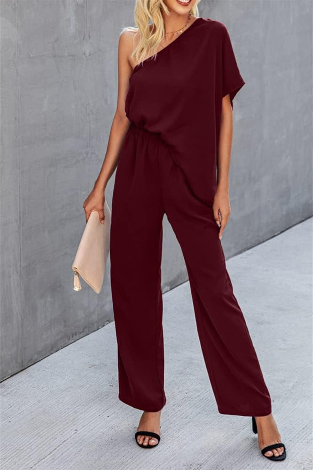 Single Shoulder Short Sleeve Jumpsuit-TOPS / DRESSES-[Adult]-[Female]-Burgundy-S-2022 Online Blue Zone Planet