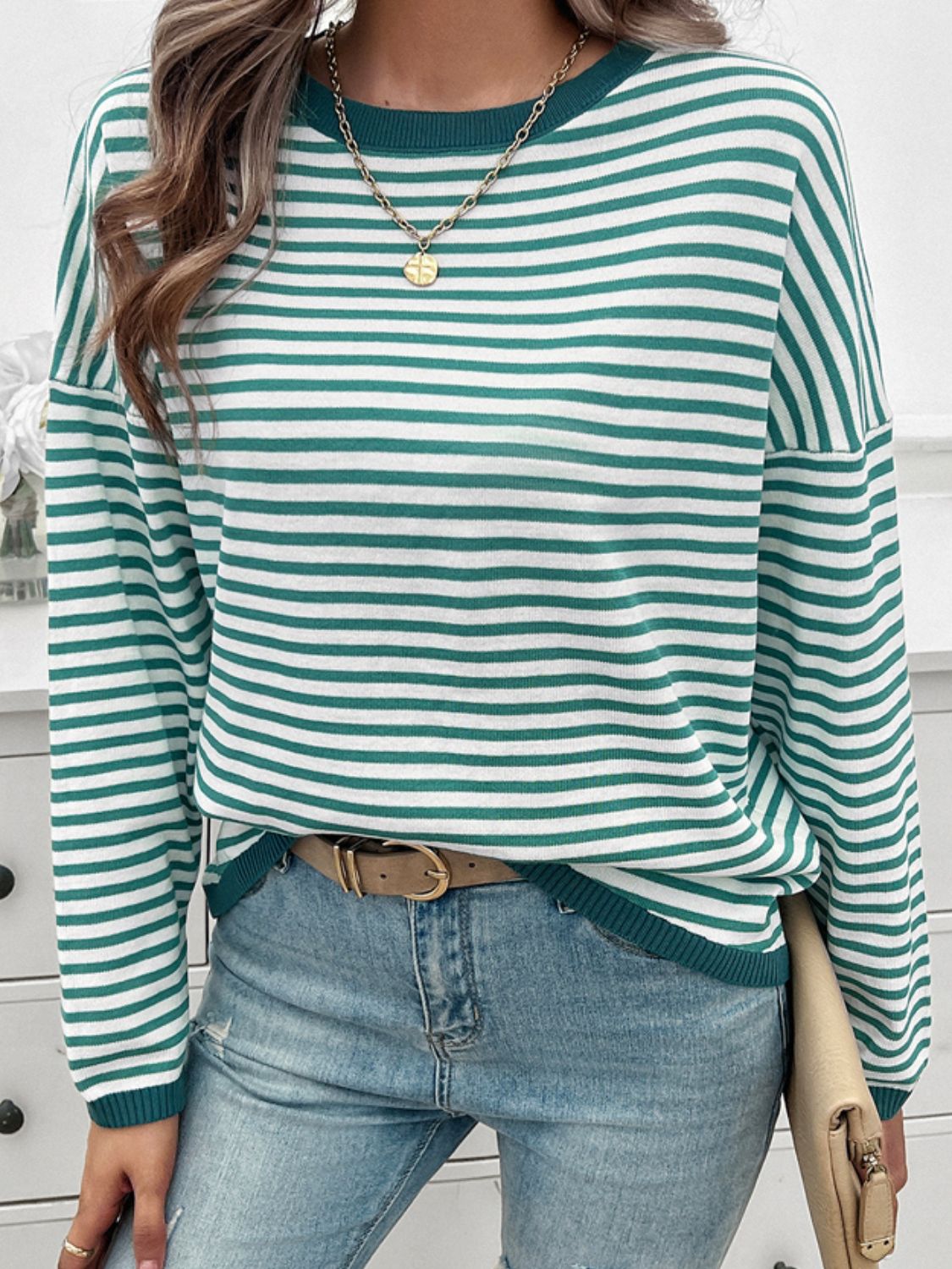 Striped Round Neck Dropped Shoulder Sweater-TOPS / DRESSES-[Adult]-[Female]-2022 Online Blue Zone Planet