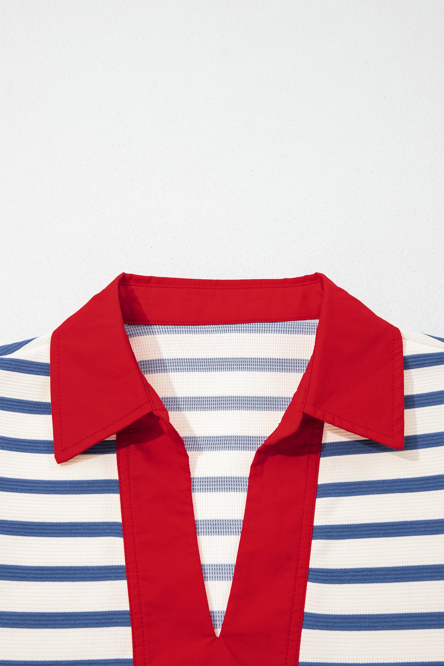 Blue Stripe Short Puff Sleeve Color Block Polo Collar Blouse-Tops/Blouses & Shirts-[Adult]-[Female]-2022 Online Blue Zone Planet