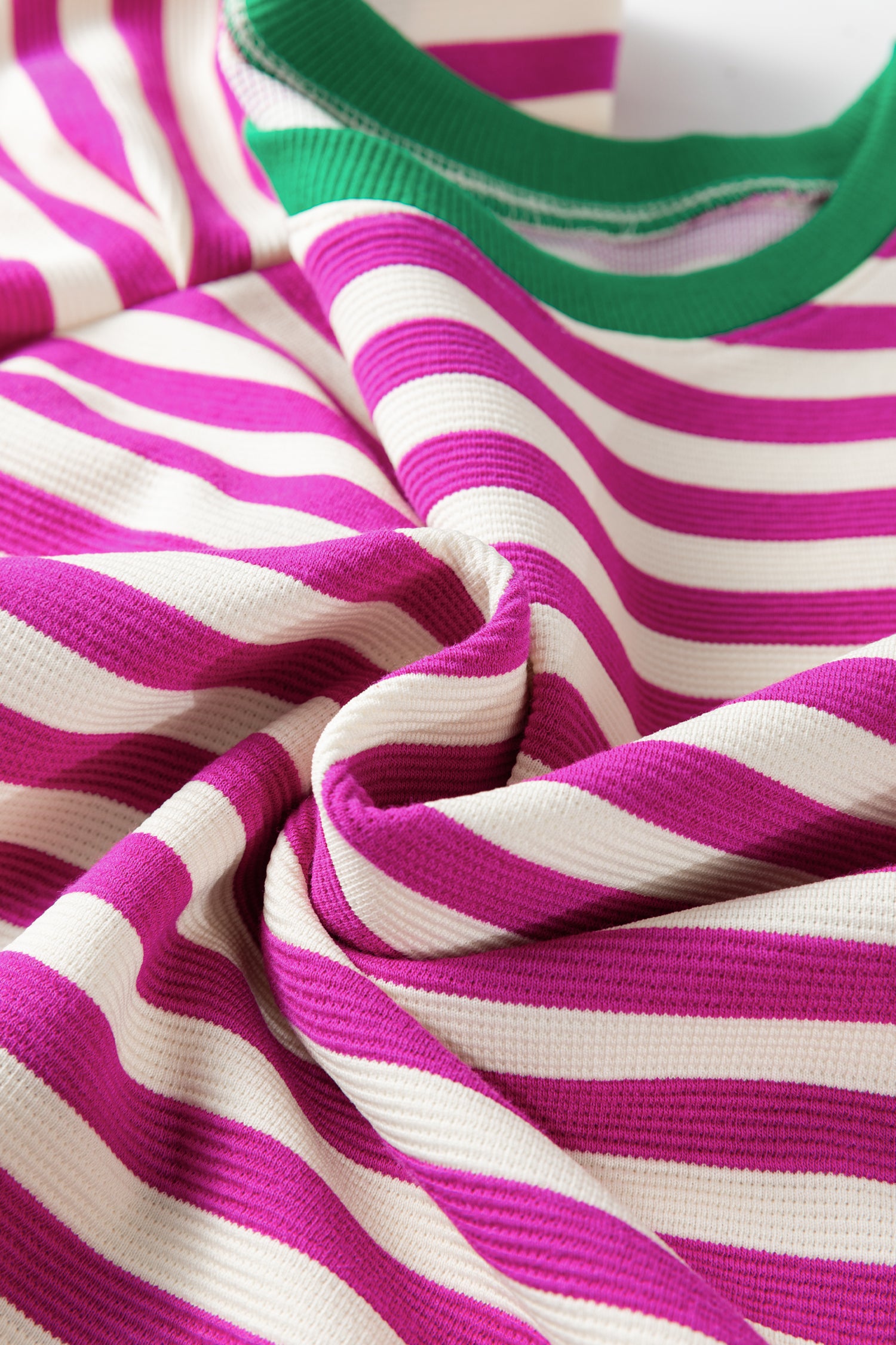 Rose Stripe Short Puff Sleeve Contrast Trim Round Neck Tee-Tops/Tops & Tees-[Adult]-[Female]-2022 Online Blue Zone Planet