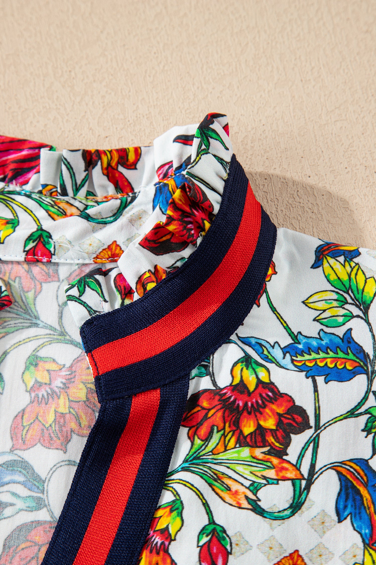 Multicolour Contrasted V Neckline Floral Puff Short Sleeve Blouse-Tops/Blouses & Shirts-[Adult]-[Female]-2022 Online Blue Zone Planet