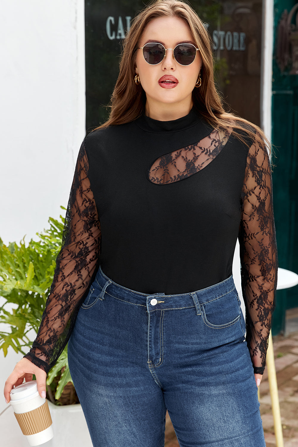 Black Plus Size Lace Patchwork Asymmetric Cutout Sheer Long Sleeve Top-Plus Size/Plus Size Tops/Plus Size Long Sleeve Tops-[Adult]-[Female]-2022 Online Blue Zone Planet