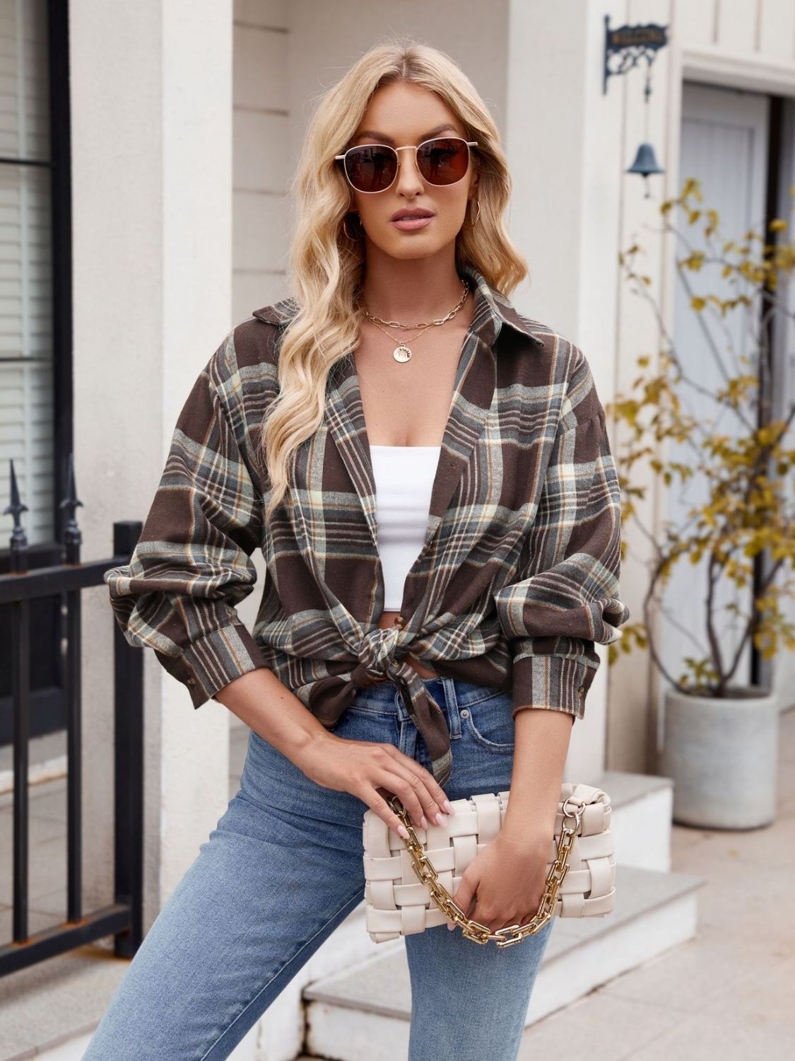 Blue Zone Planet | Mandy Pocketed Plaid Collared Neck Long Sleeve Shirt-TOPS / DRESSES-[Adult]-[Female]-2022 Online Blue Zone Planet