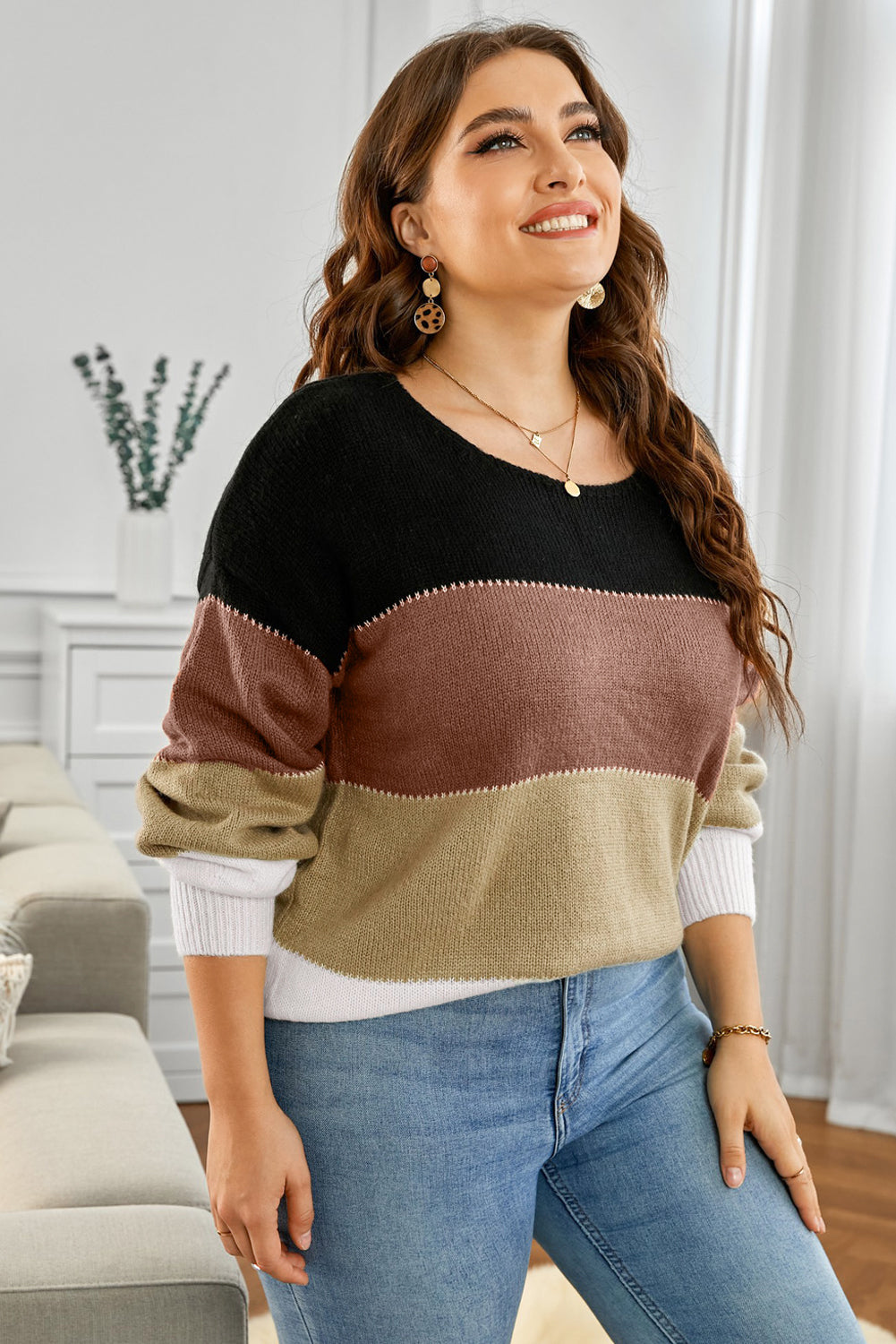 Plus Size Color Block Round Neck Sweater-TOPS / DRESSES-[Adult]-[Female]-2022 Online Blue Zone Planet