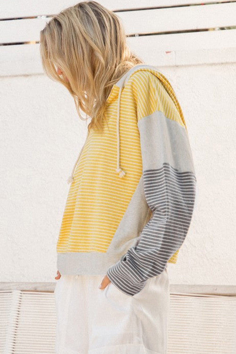 Yellow Stripe Color Block Drawstring V Neck Loose Fit Hooded Top-Tops/Sweatshirts & Hoodies-[Adult]-[Female]-2022 Online Blue Zone Planet