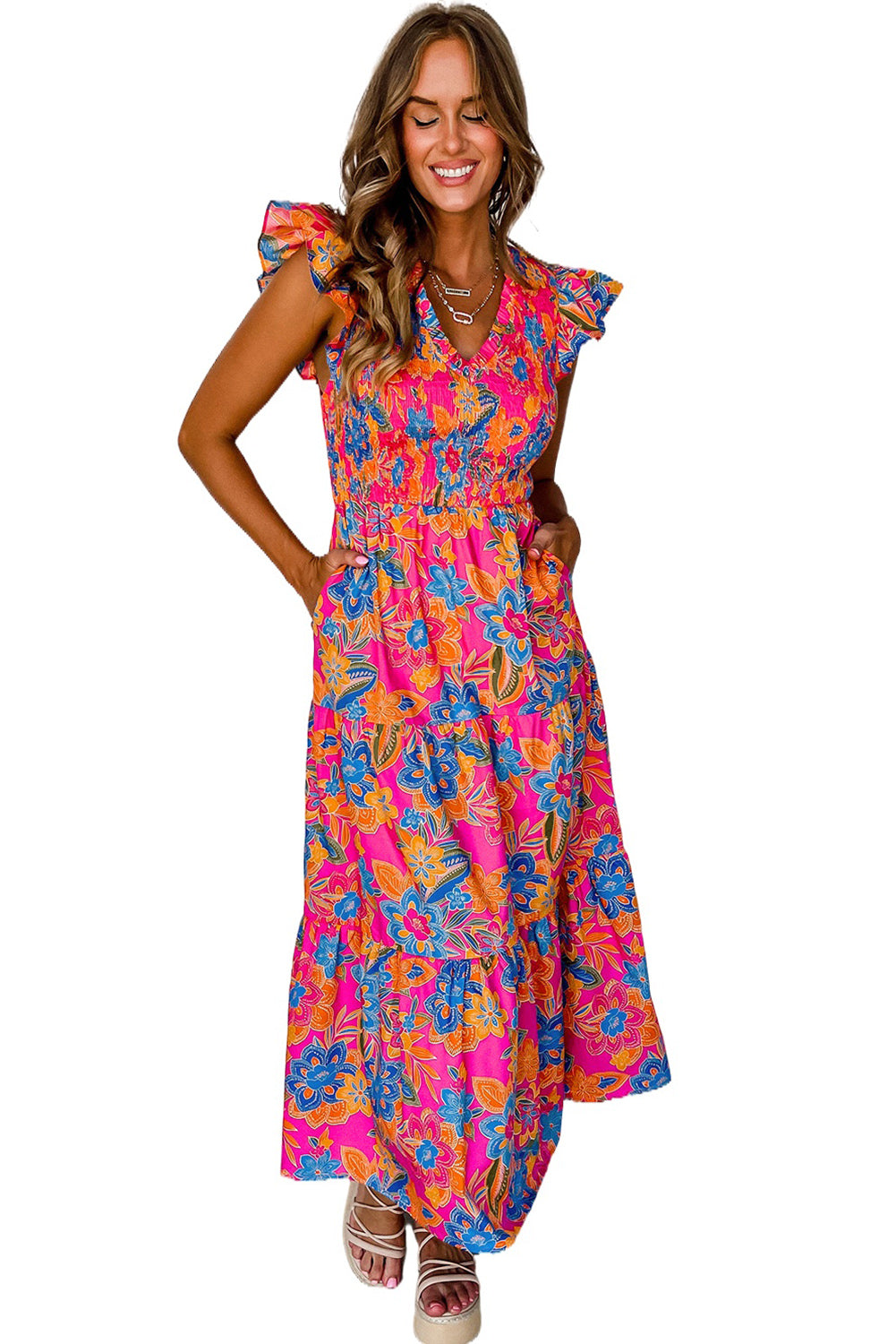 Blue Zone Planet |  Rose Red Boho Floral V Neck Ruffle Tiered Long Dress Blue Zone Planet