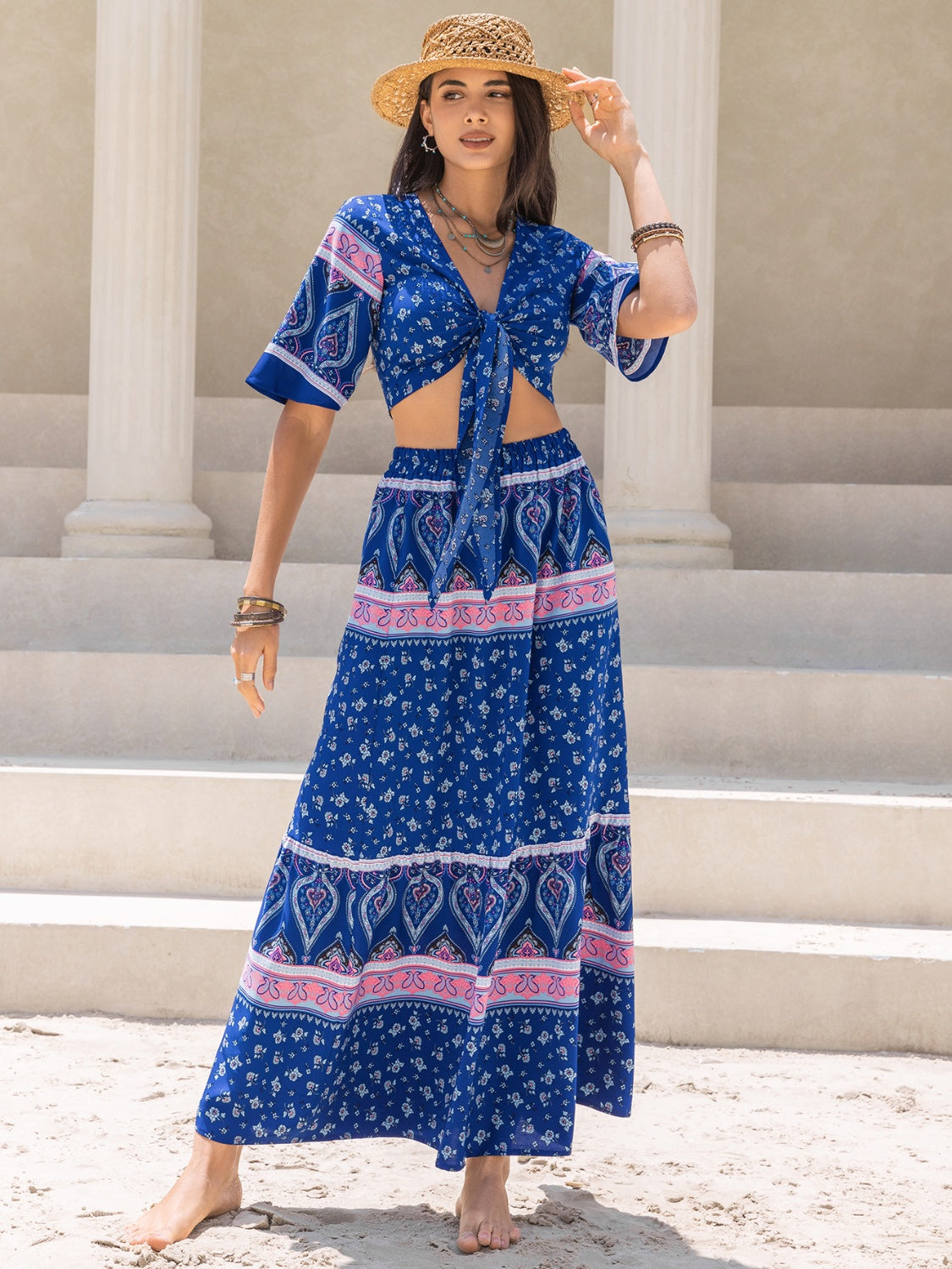 Blue Zone Planet | Printed Flutter Sleeve Top and Skirt Set-TOPS / DRESSES-[Adult]-[Female]-2022 Online Blue Zone Planet