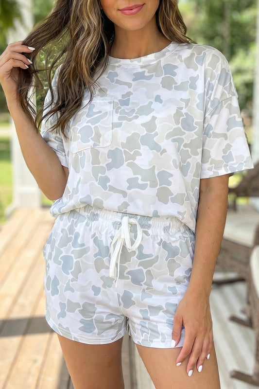 Multicolour Camouflage Print Casual Tee Drawstring Short Set-Two Piece Sets/Short Sets-[Adult]-[Female]-Multicolour-S-2022 Online Blue Zone Planet