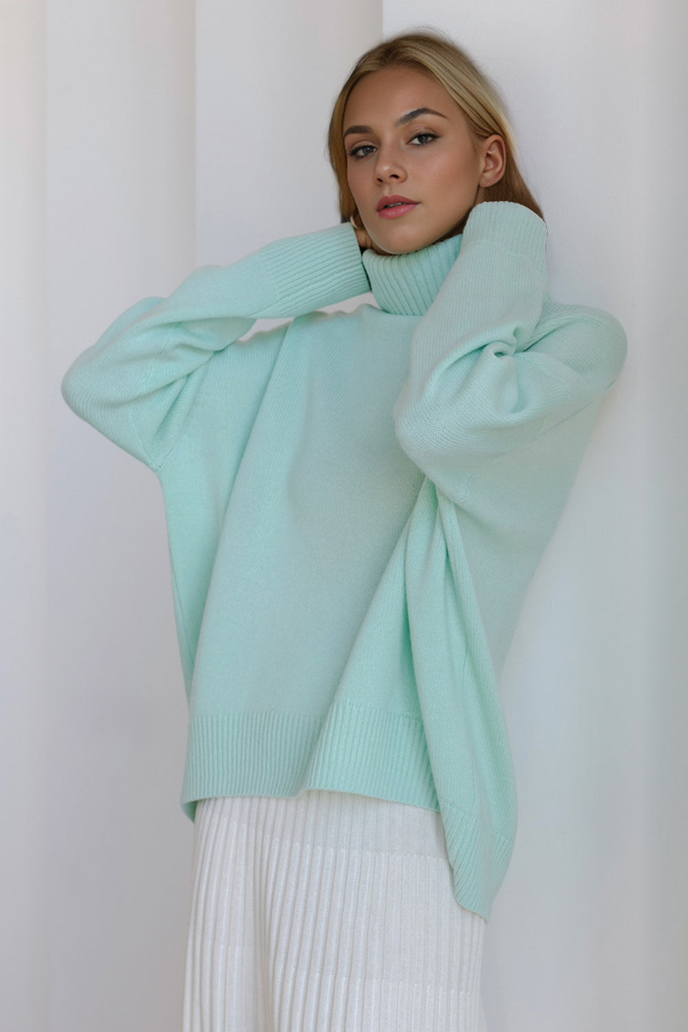 Basic Bae Turtleneck Dropped Shoulder Long Sleeve Sweater-TOPS / DRESSES-[Adult]-[Female]-Pastel Blue-One Size-2022 Online Blue Zone Planet