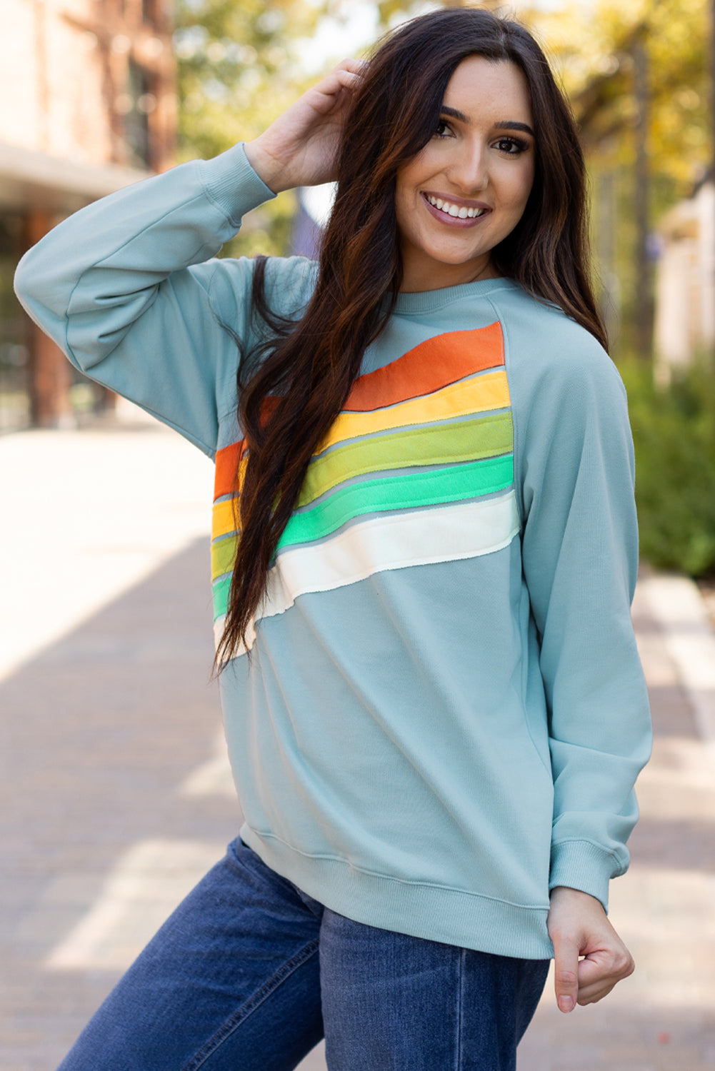 Black Rainbow Colorblock Striped Pullover Sweatshirt-Tops/Sweatshirts & Hoodies-[Adult]-[Female]-2022 Online Blue Zone Planet