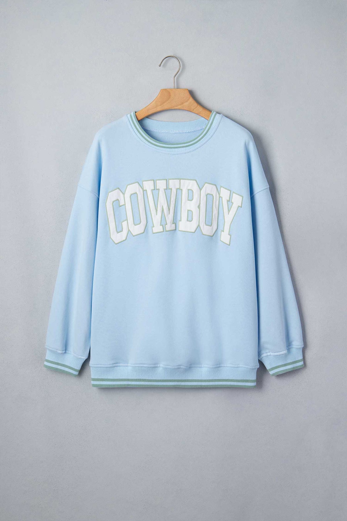 Beau Blue Embroidered Cowboy Letter Print Long Sleeve Round Neck Sweatshirt-Tops/Sweatshirts & Hoodies-[Adult]-[Female]-2022 Online Blue Zone Planet