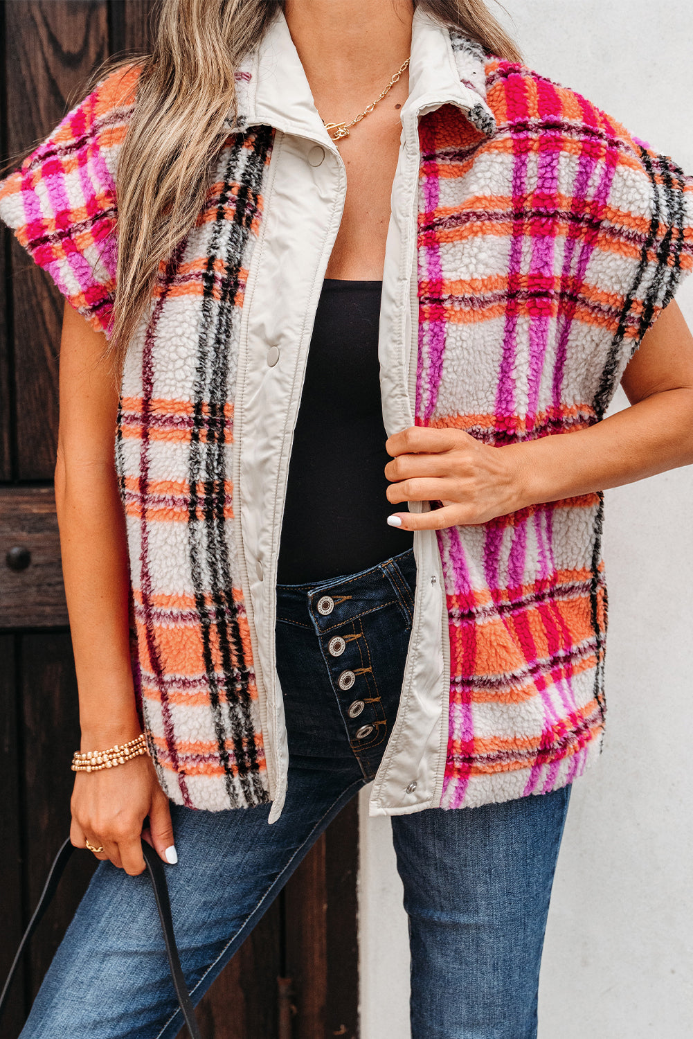 Rose Sherpa Plaid Jacket Vest-Outerwear/Vests-[Adult]-[Female]-2022 Online Blue Zone Planet