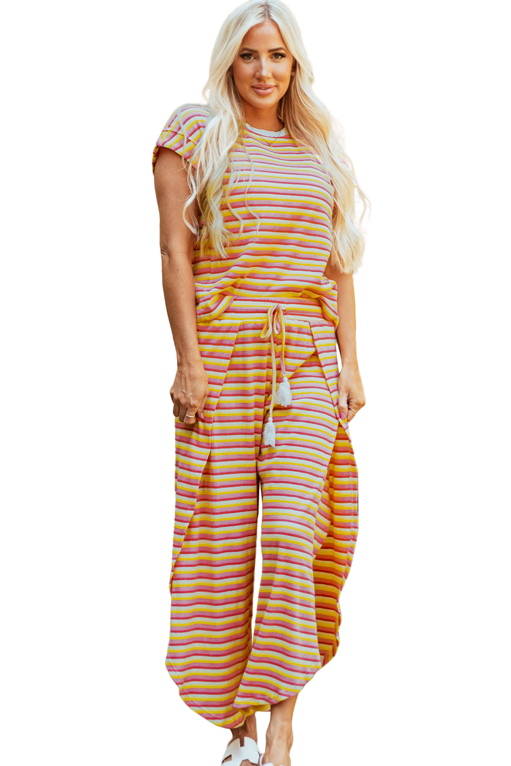 Pink Stripe Rainbow Tee Tasseled String Wide Leg Pants Set-Two Piece Sets/Pant Sets-[Adult]-[Female]-2022 Online Blue Zone Planet