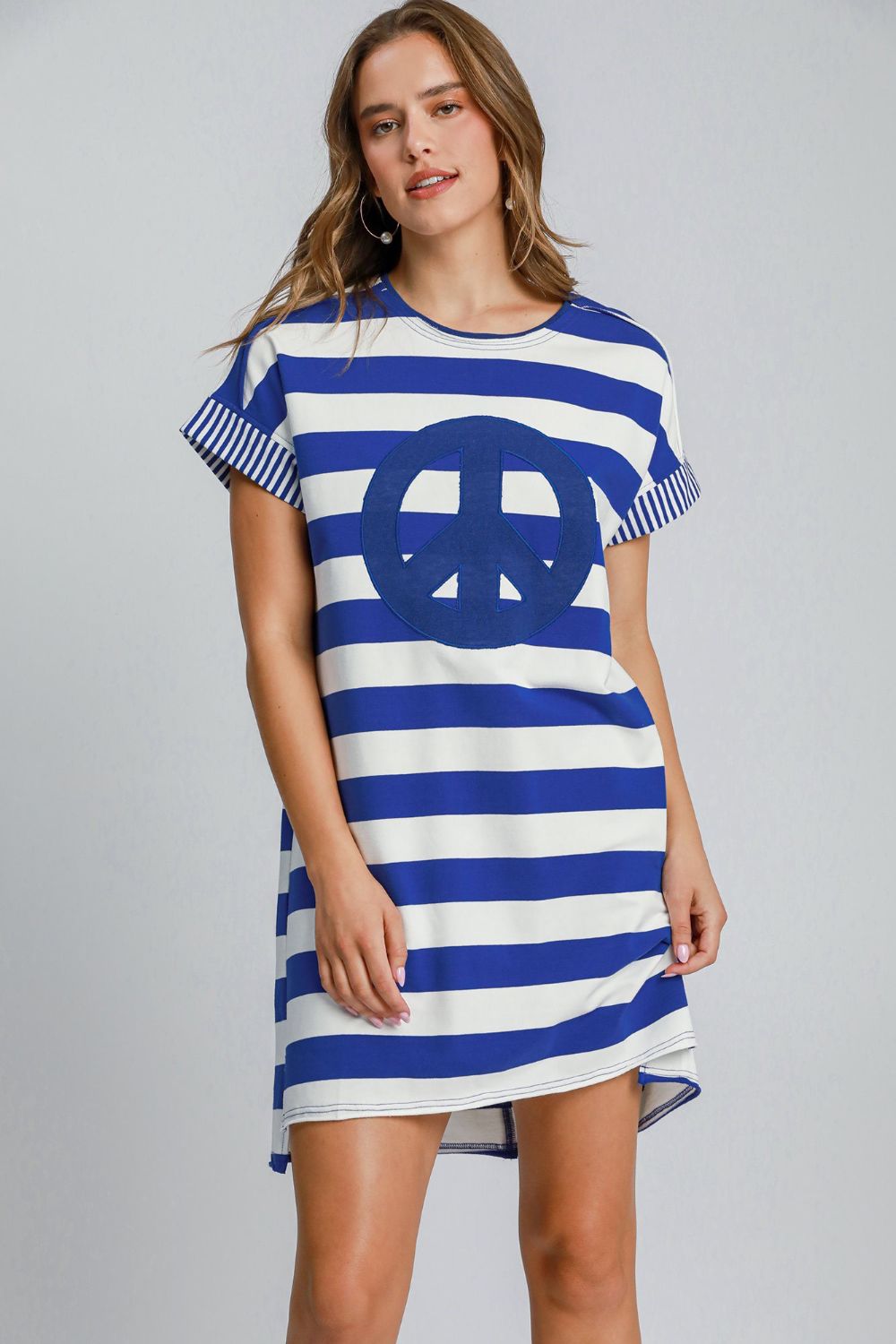 Umgee Peace Applique Striped Short Sleeve Mini Dress-TOPS / DRESSES-[Adult]-[Female]-Royal Blue-S-2022 Online Blue Zone Planet