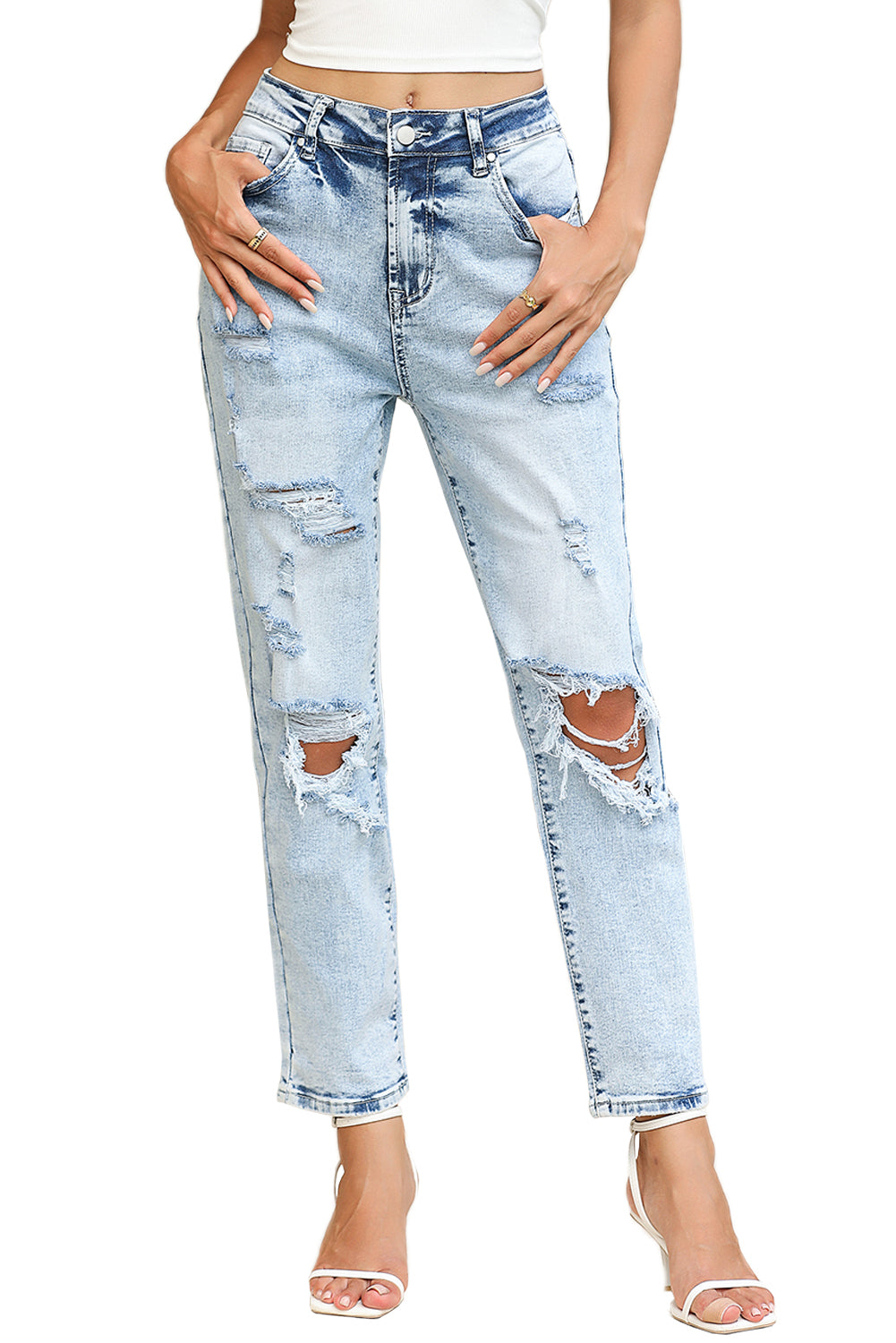 Sky Blue Light Wash Frayed Slim Fit High Waist Jeans-Jeans-[Adult]-[Female]-2022 Online Blue Zone Planet