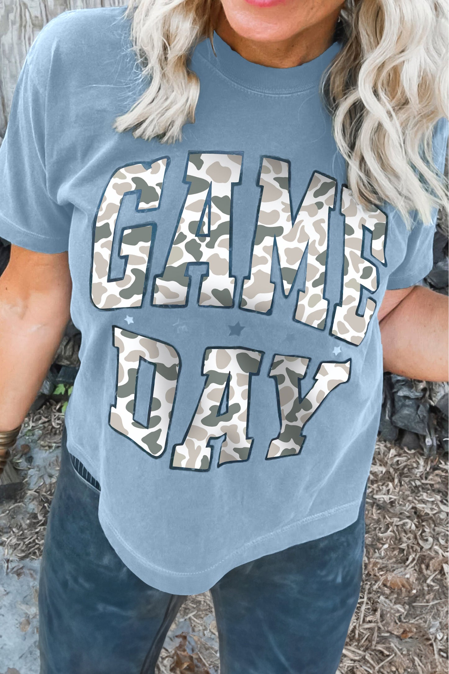 Stone Blue Camo GAME DAY Graphic T Shirt-Tops/Tops & Tees-[Adult]-[Female]-Stone Blue-S-2022 Online Blue Zone Planet