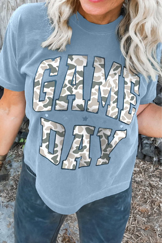 Stone Blue Camo GAME DAY Graphic T Shirt-Tops/Tops & Tees-[Adult]-[Female]-Stone Blue-S-2022 Online Blue Zone Planet