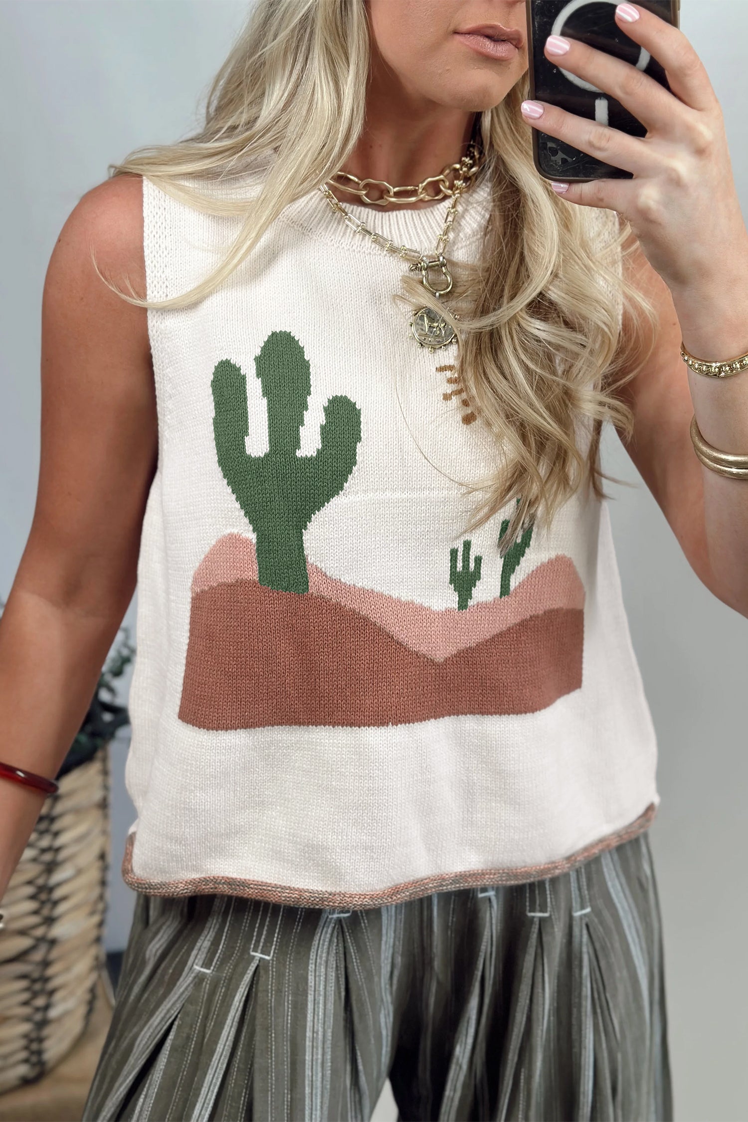 Multicolour Cactus Western Oasis Loose Sweater Vest-TOPS / DRESSES-[Adult]-[Female]-2022 Online Blue Zone Planet