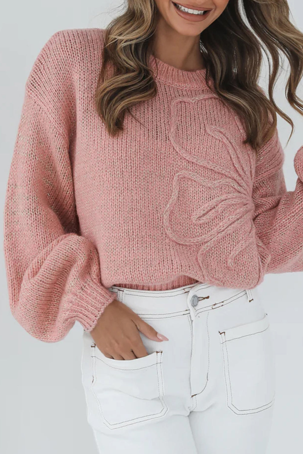 Peach Blossom Big Flower Accent Bubble Sleeve Drop Shoulder Sweater-Sweaters & Cardigans/Sweaters-[Adult]-[Female]-Peach Blossom-S-2022 Online Blue Zone Planet