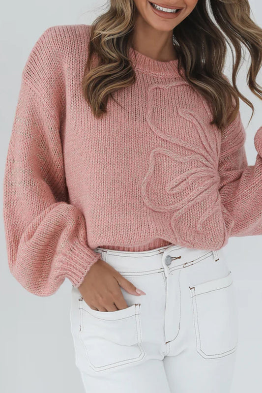 Peach Blossom Big Flower Accent Bubble Sleeve Drop Shoulder Sweater-Sweaters & Cardigans/Sweaters-[Adult]-[Female]-Peach Blossom-S-2022 Online Blue Zone Planet