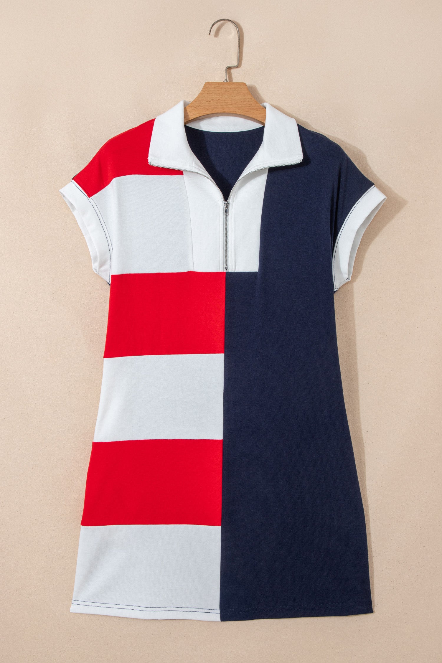 Navy Blue Americana Colorblock Stripes Zip up Collared T Shirt Mini Dress-TOPS / DRESSES-[Adult]-[Female]-2022 Online Blue Zone Planet