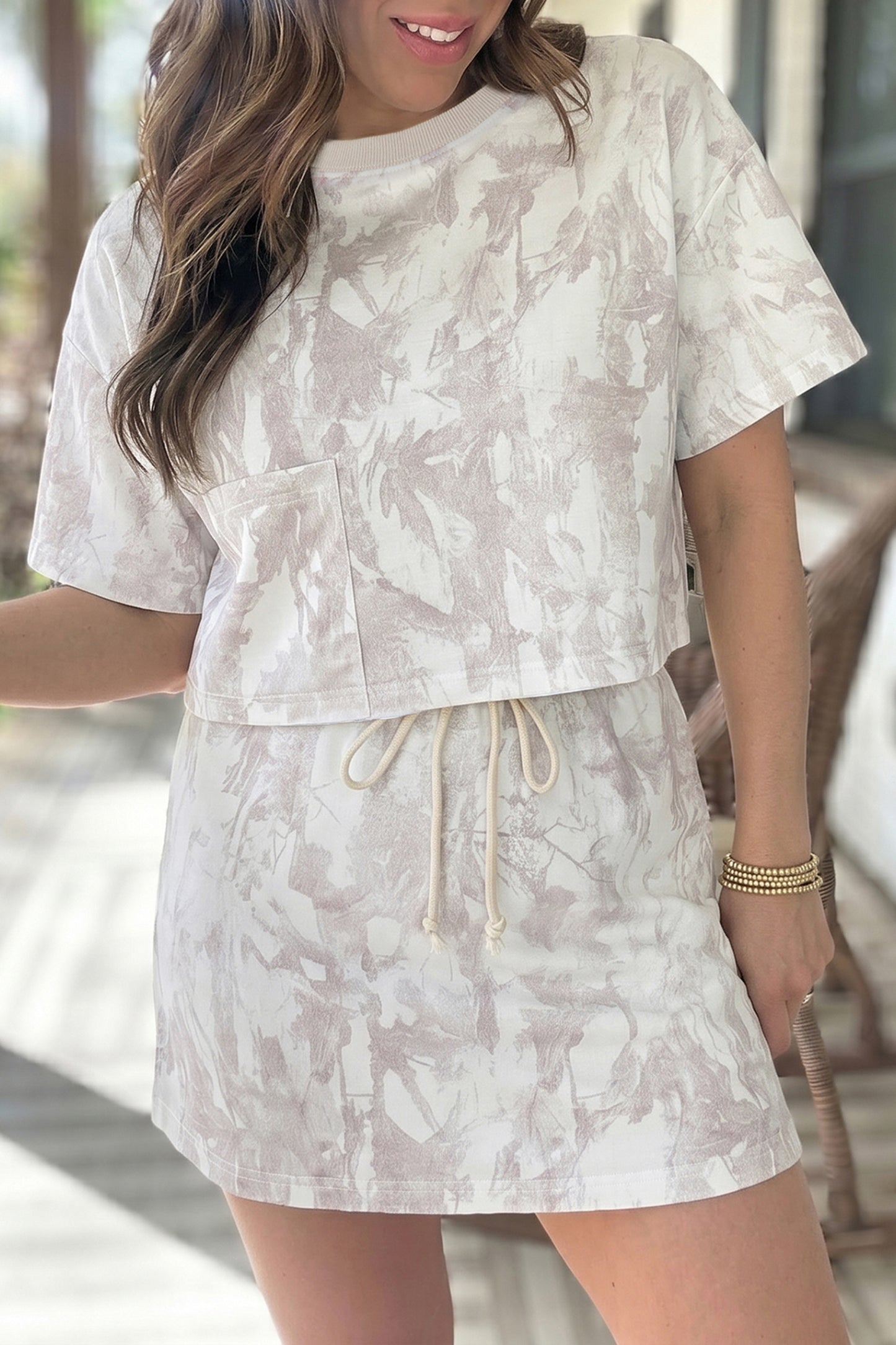 Gray Woodland Camo Print Raw Edge Cropped Top Skirt Set-Two Piece Sets/Two Piece Dresses-[Adult]-[Female]-2022 Online Blue Zone Planet