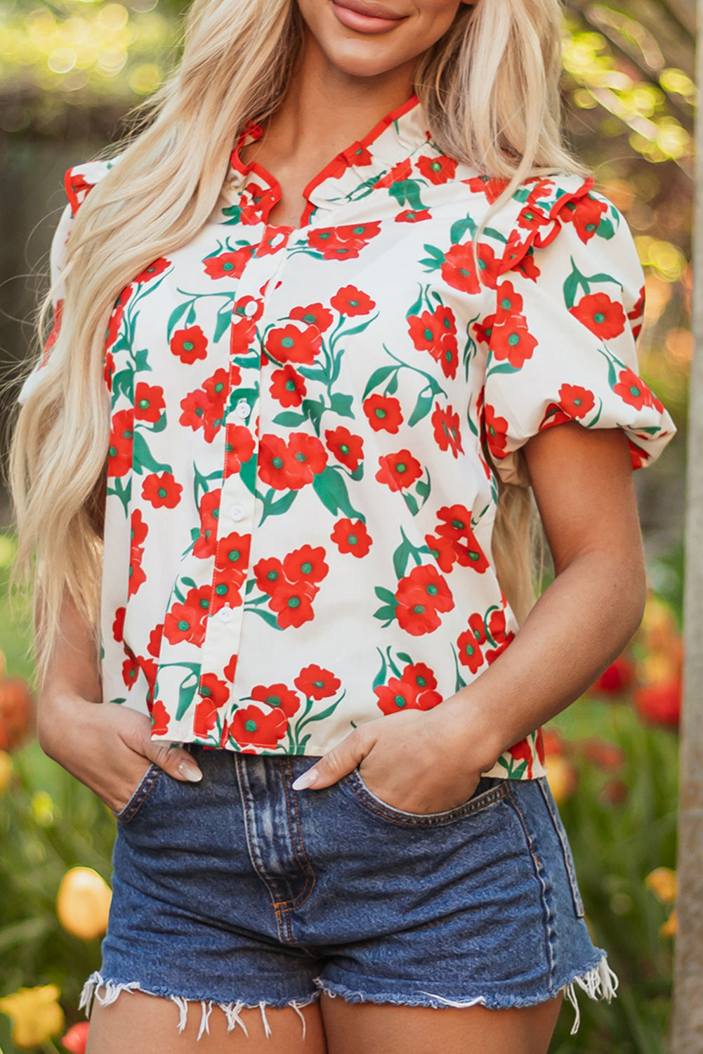 Red Floral Print Ruffled Puff Sleeve Elegant Summer Shirt-Tops/Blouses & Shirts-[Adult]-[Female]-2022 Online Blue Zone Planet