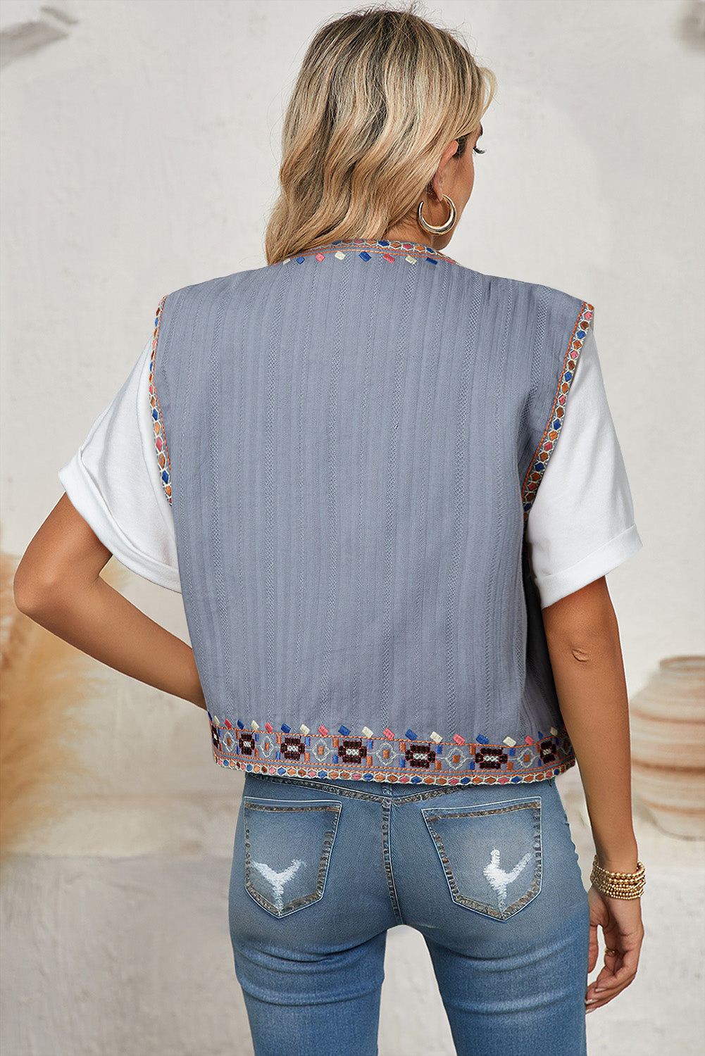 Sky Blue Geometric Embroidered Open Front Vest-Coats-[Adult]-[Female]-2022 Online Blue Zone Planet