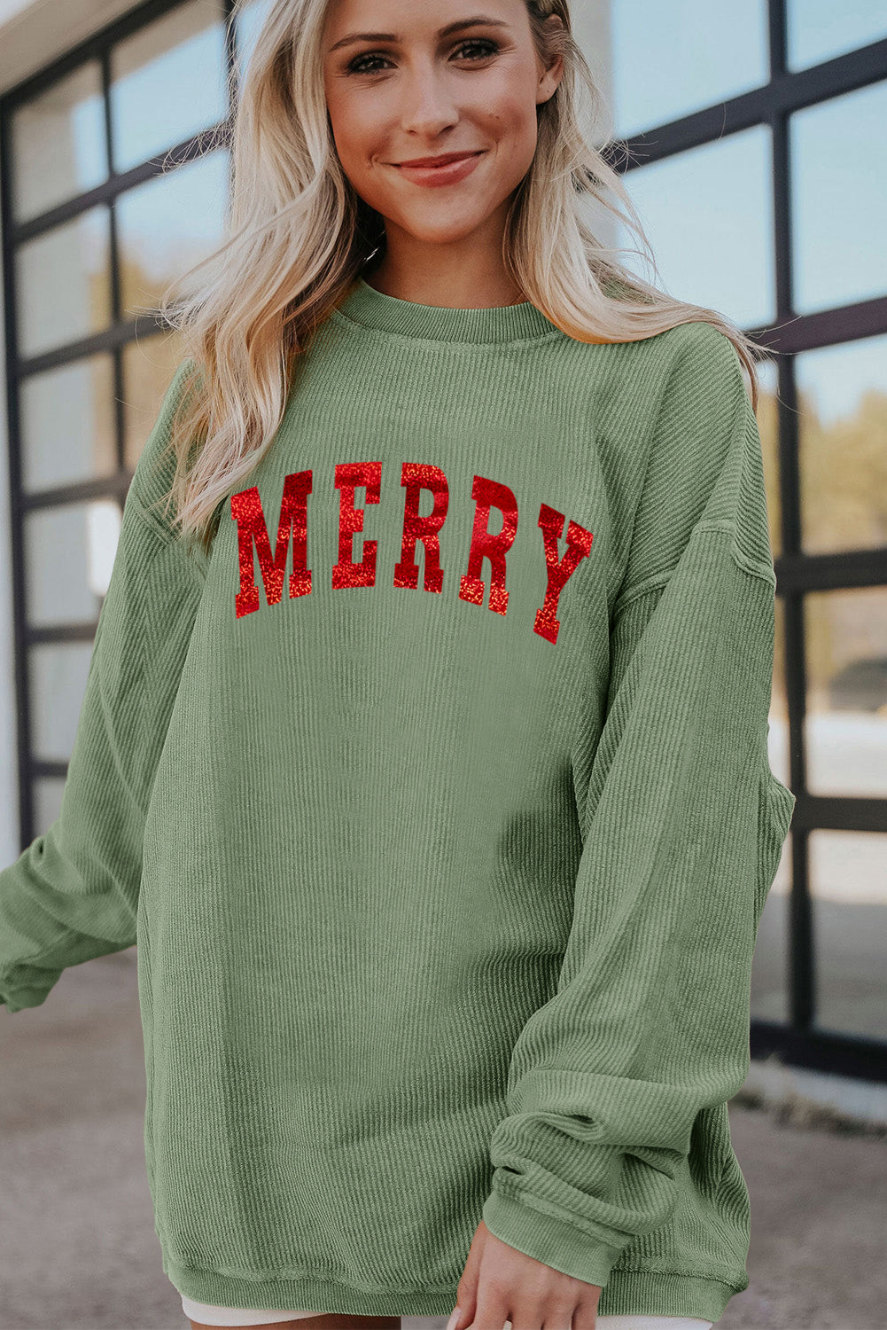 Grass Green Christmas MERRY Letter Printed Corded Baggy Sweatshirt-Graphic Sweatshirts-[Adult]-[Female]-2022 Online Blue Zone Planet