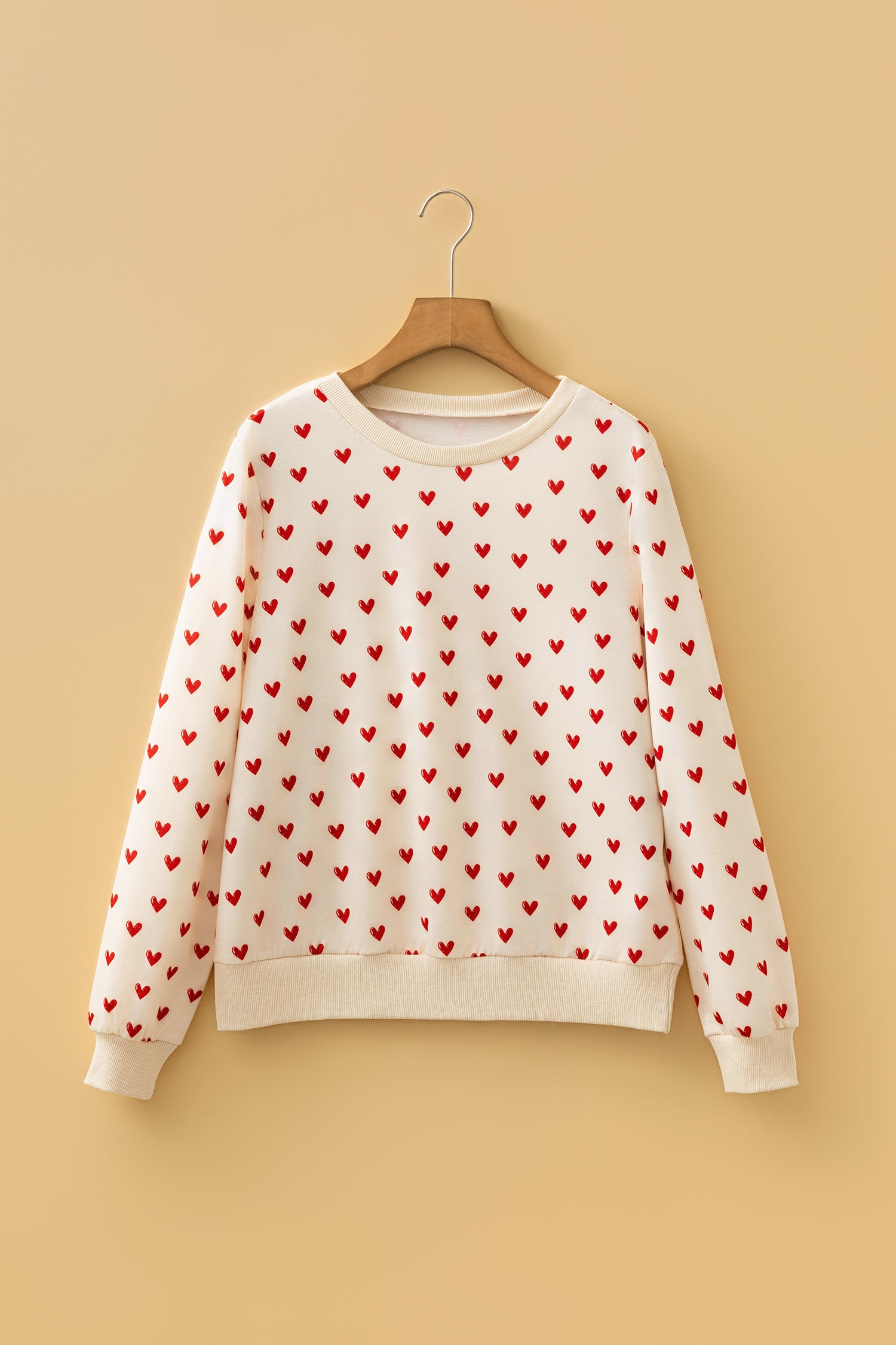 Beige Heart Print Round Neck Long Sleeve Regular Fit Sweatshirt-Tops/Sweatshirts & Hoodies-[Adult]-[Female]-2022 Online Blue Zone Planet