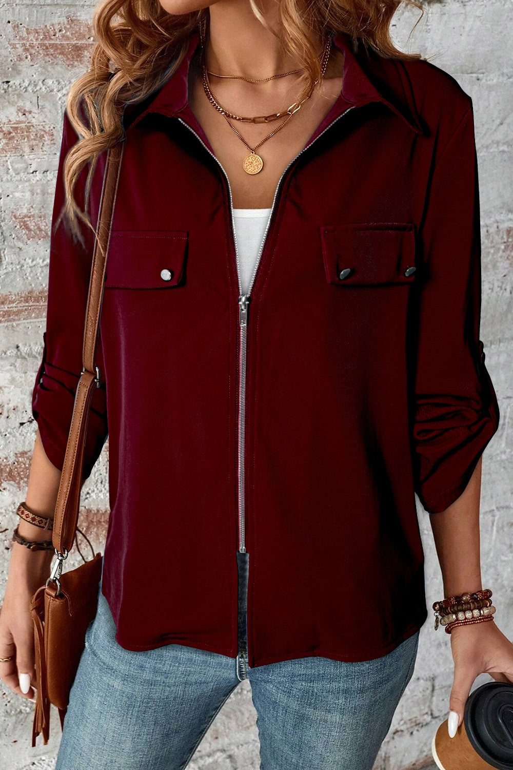 Pocketed Zip Up Collared Neck Long Sleeve Jacket-TOPS / DRESSES-[Adult]-[Female]-Burgundy-S-2022 Online Blue Zone Planet