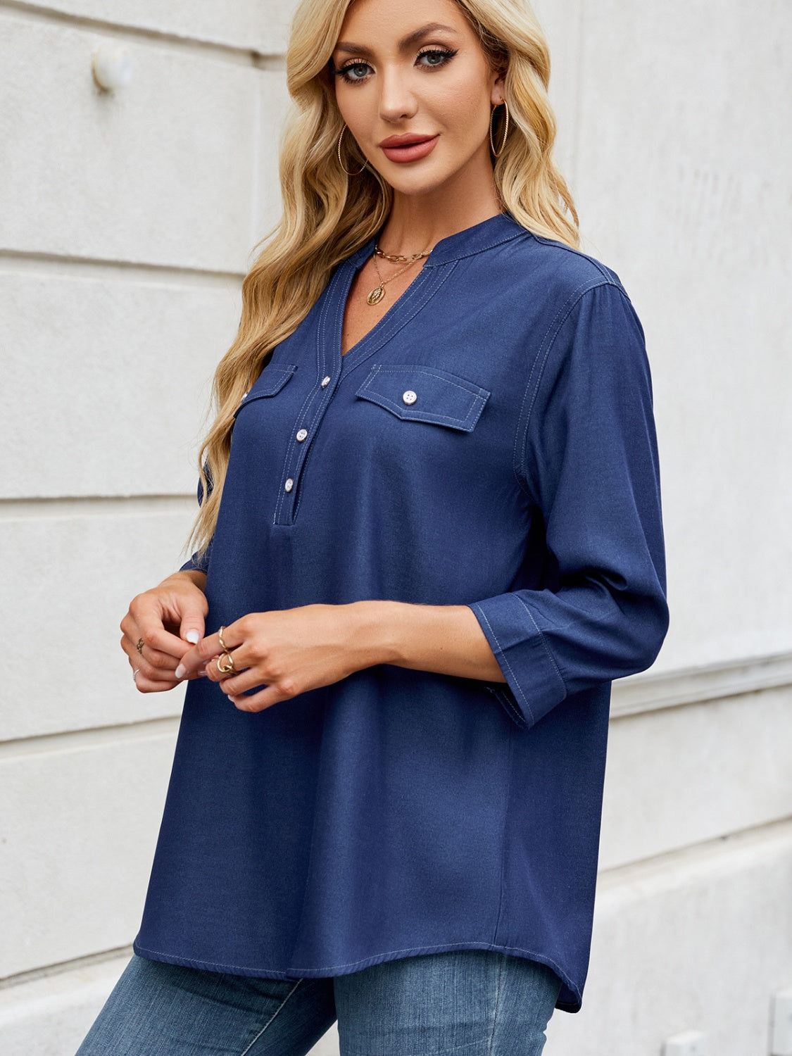 Notched Three-Quarter Sleeve Denim Top-TOPS / DRESSES-[Adult]-[Female]-2022 Online Blue Zone Planet