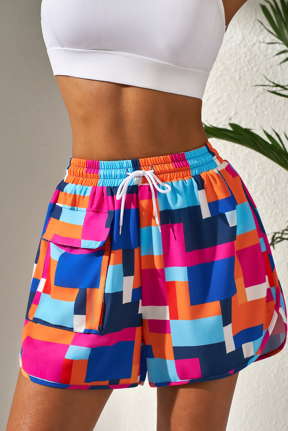 Rose Geometric Printed Drawstring Waist Beach Shorts with Pockets-Swimwear/Swim Bottoms-[Adult]-[Female]-2022 Online Blue Zone Planet