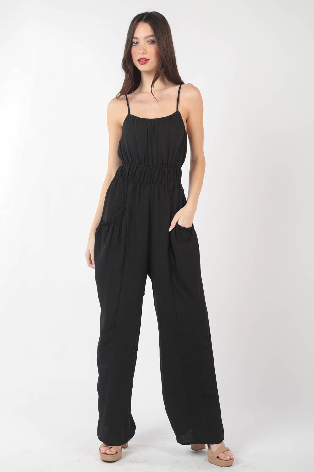 Blue Zone Planet | VERY J Pintuck Detail Woven Sleeveless Jumpsuit-TOPS / DRESSES-[Adult]-[Female]-BLACK-S-2022 Online Blue Zone Planet