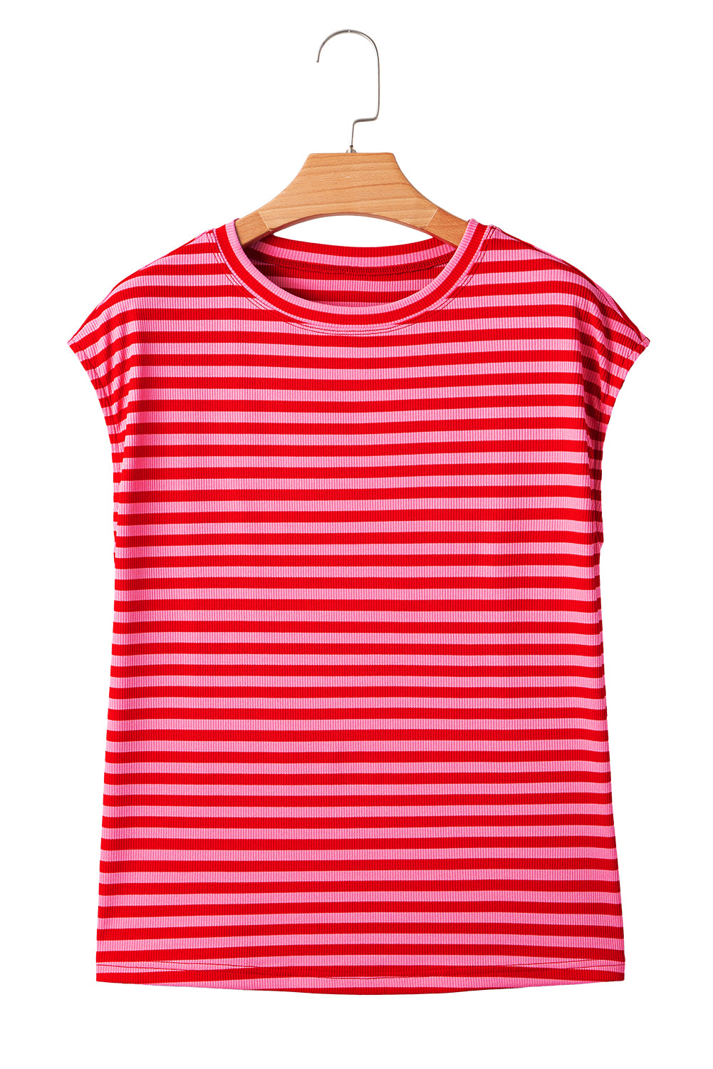 Red Stripe Ribbed Cap Sleeve Round Neck T Shirt-Tops/Tops & Tees-[Adult]-[Female]-2022 Online Blue Zone Planet