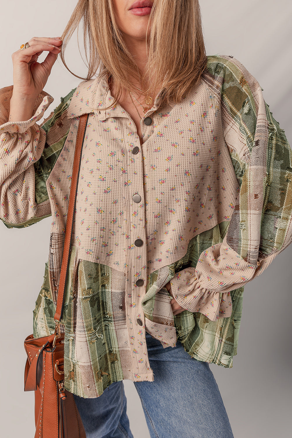 Mist Green Boho Floral Plaid Patchwork Distressed Detail Ruffled Sleeve Waffle Knit Shacket-Outerwear/Plaid Shackets-[Adult]-[Female]-2022 Online Blue Zone Planet