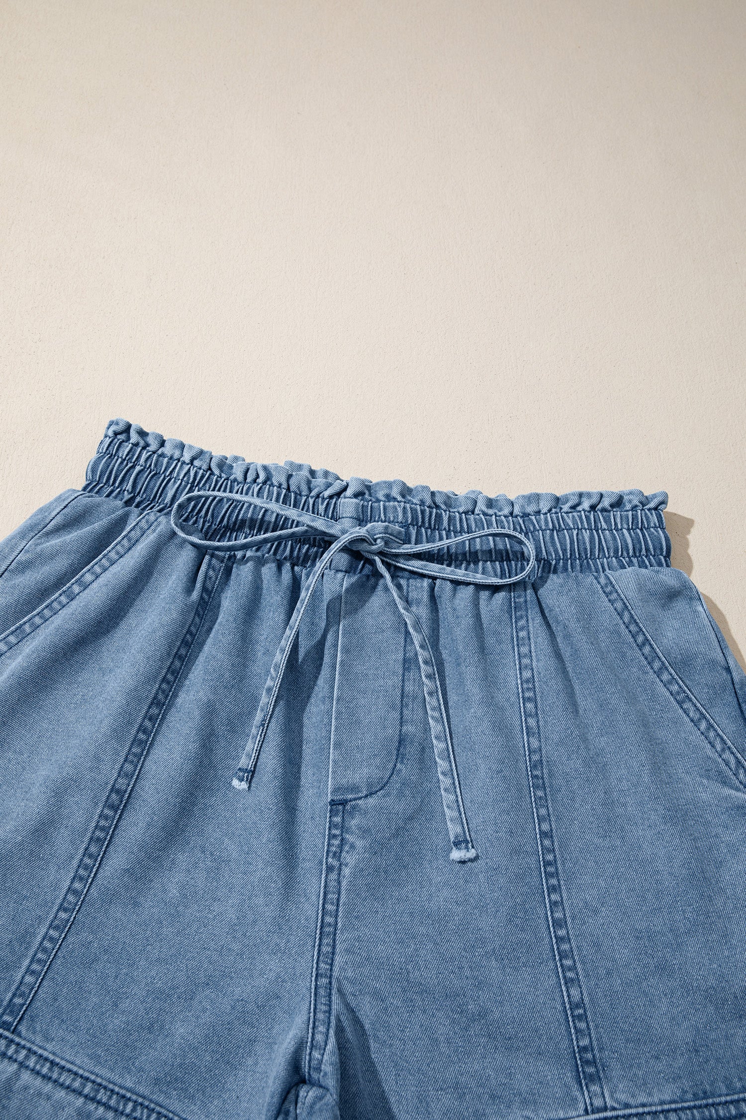 Dusk Blue Smocked Elastic Waist Denim Shorts-Bottoms/Denim Shorts-[Adult]-[Female]-2022 Online Blue Zone Planet