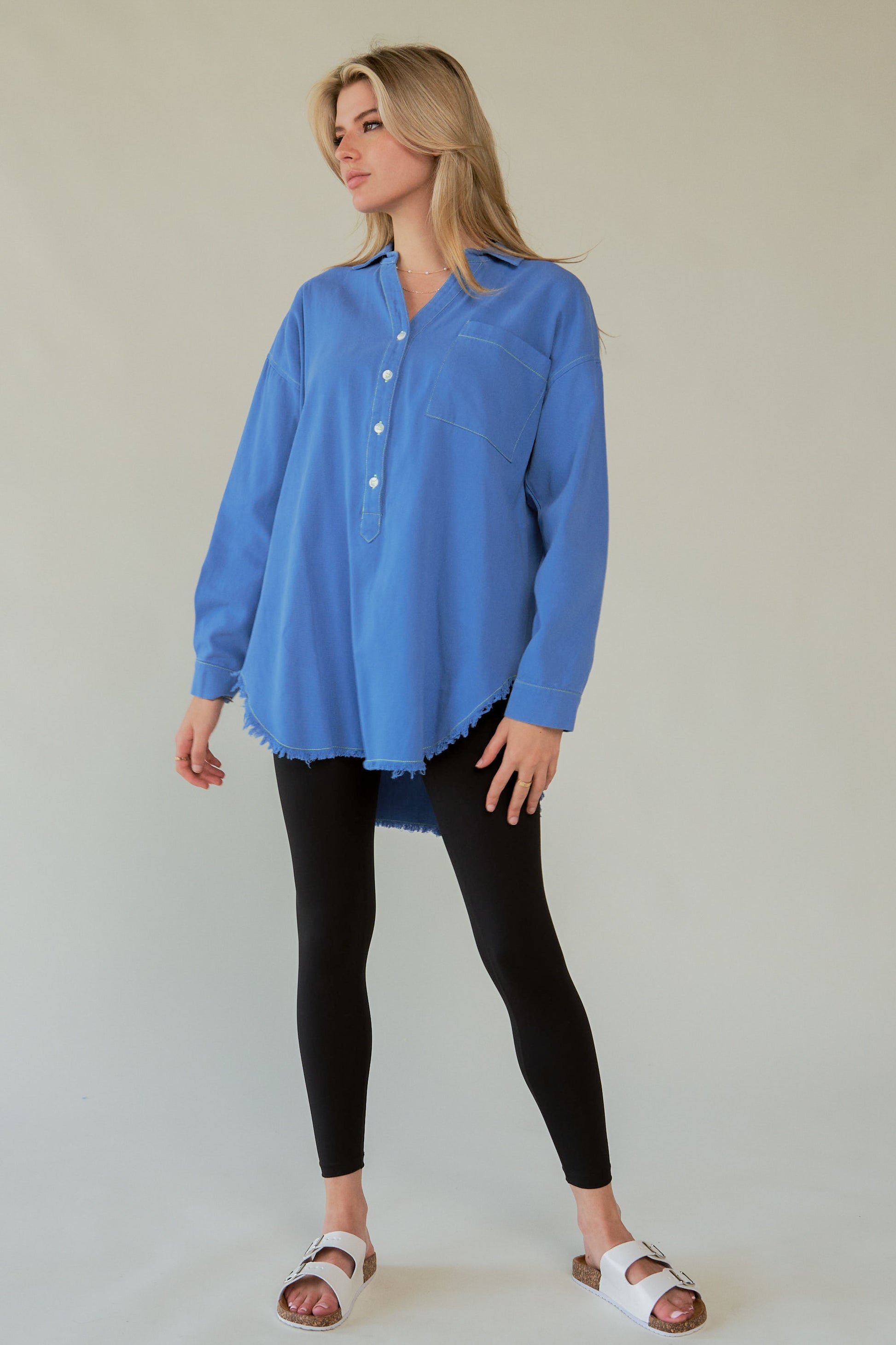 Davi & Dani Letter Back Raw Hem Half Button Shirt-TOPS / DRESSES-[Adult]-[Female]-2022 Online Blue Zone Planet