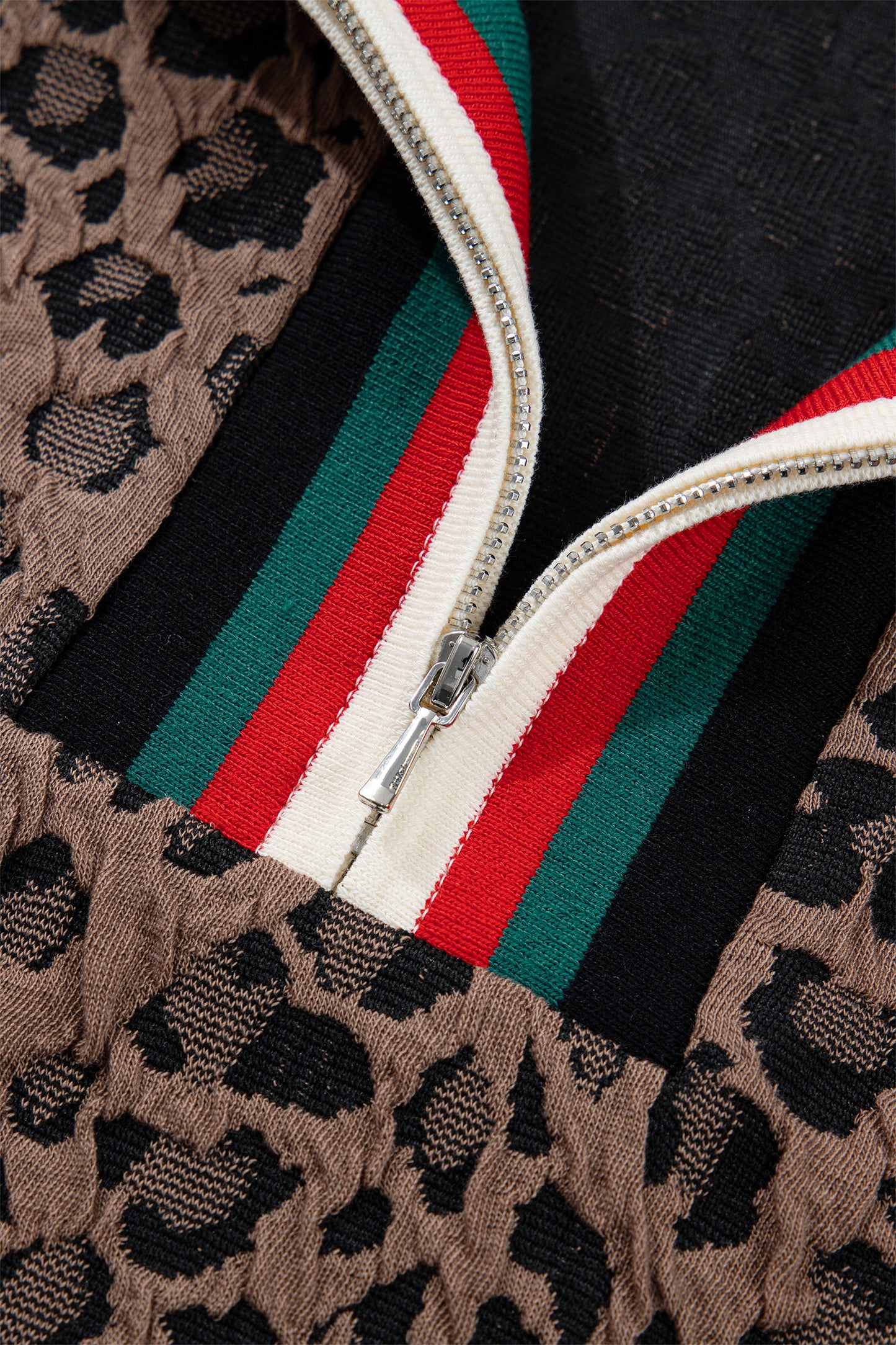 Brown Leopard Jacquard Striped Patchwork Half Zip Short Sleeve Blouse-Tops/Blouses & Shirts-[Adult]-[Female]-2022 Online Blue Zone Planet