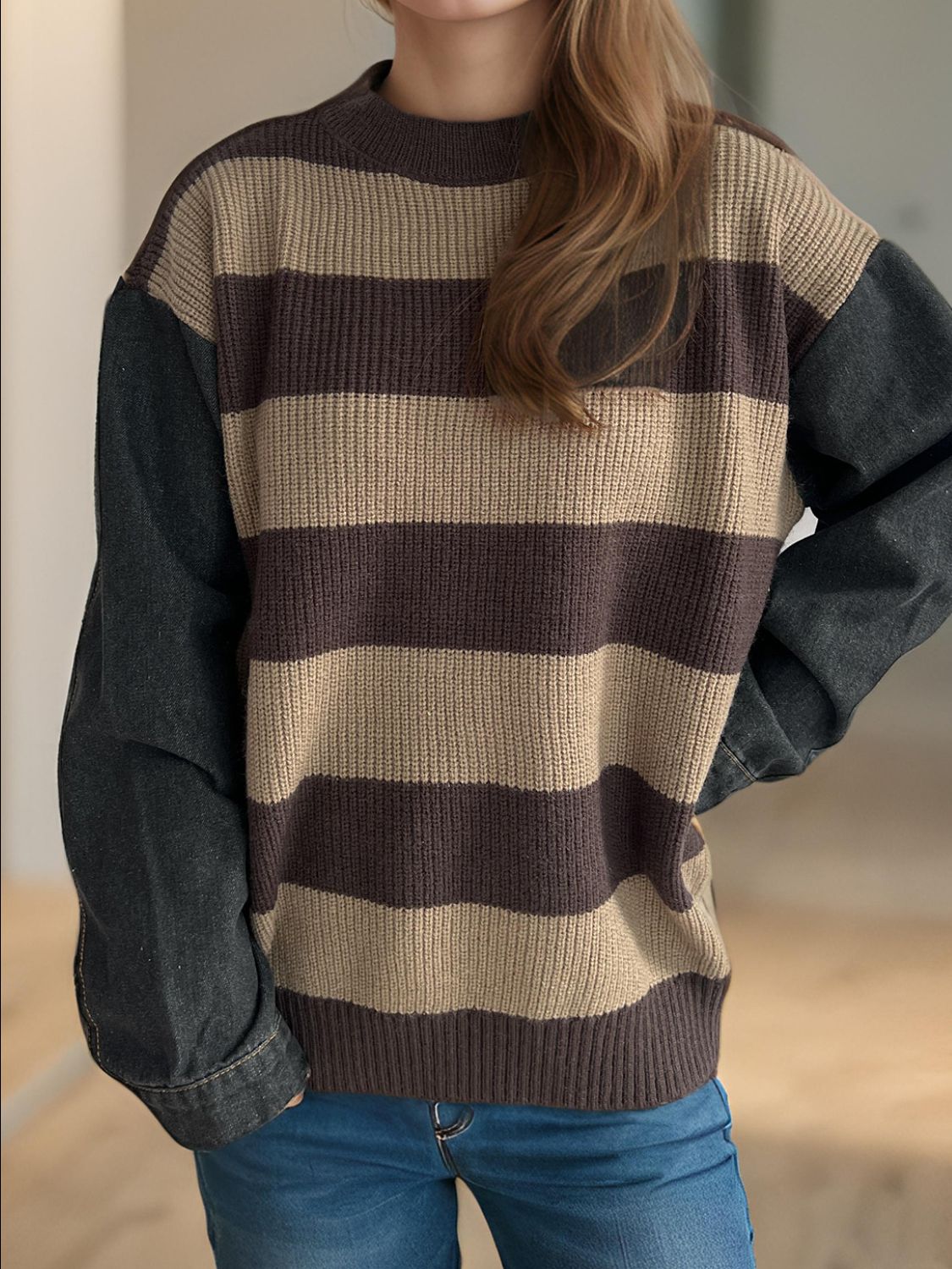 Blue Zone Planet | Contrast Round Neck Long Sleeve Sweater-TOPS / DRESSES-[Adult]-[Female]-Brown-One Size-2022 Online Blue Zone Planet