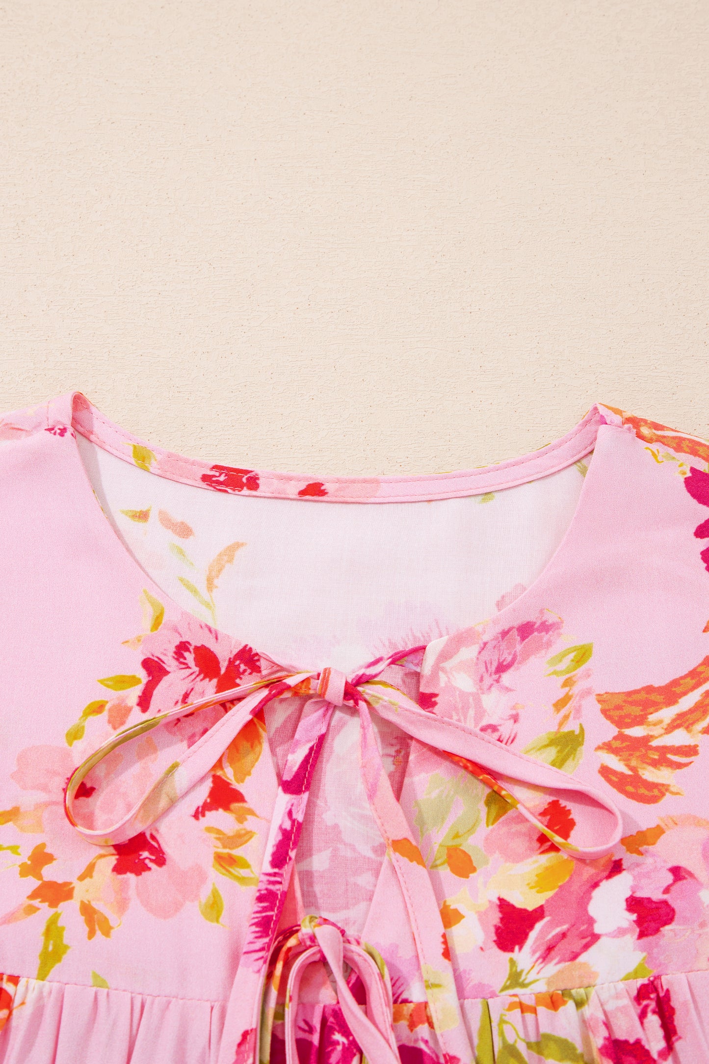 Pink Floral Print Tie Neck Puffy Half Sleeve Blouse-Tops/Blouses & Shirts-[Adult]-[Female]-2022 Online Blue Zone Planet