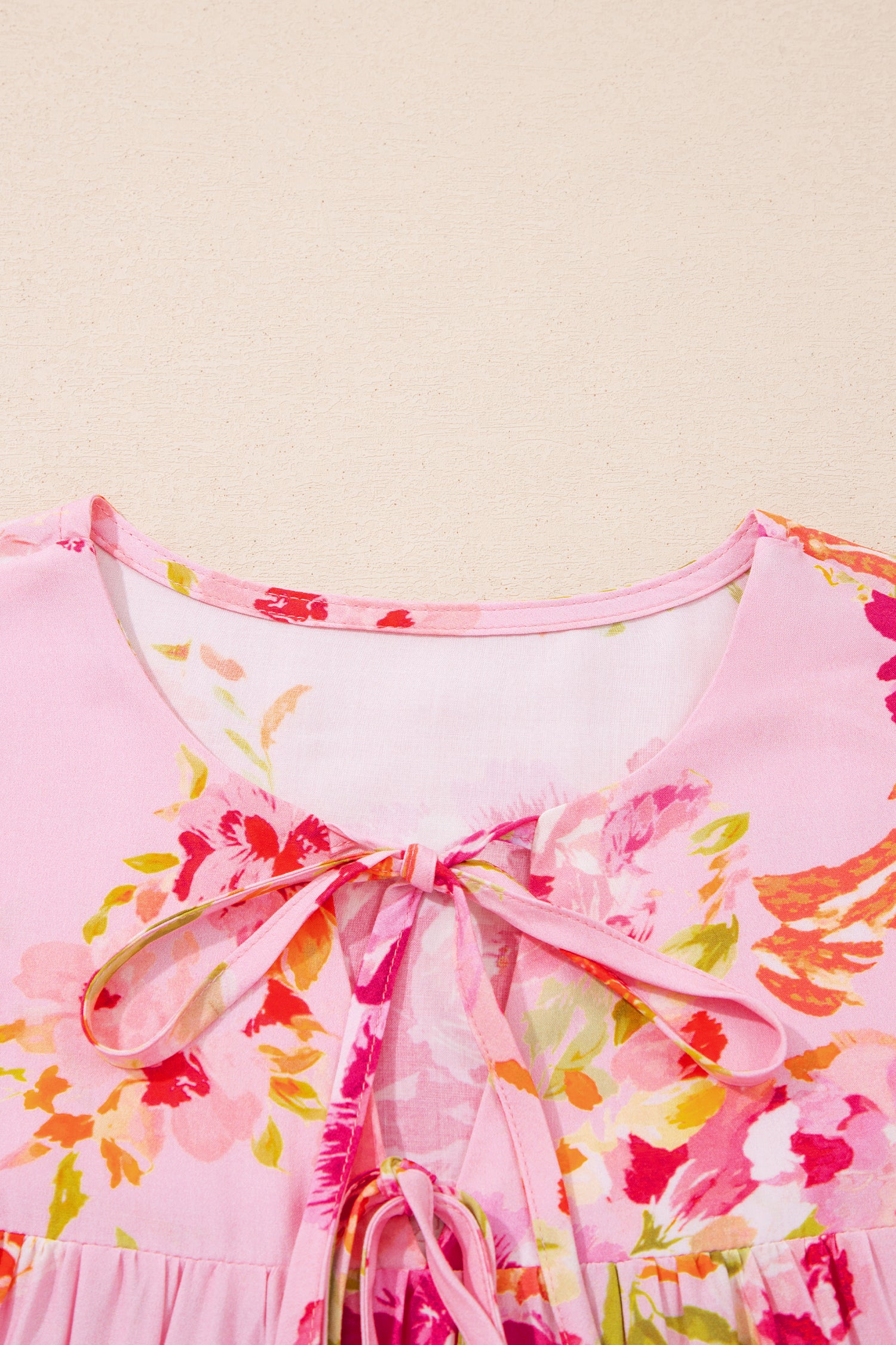 Pink Floral Print Tie Neck Puffy Half Sleeve Blouse-Tops/Blouses & Shirts-[Adult]-[Female]-2022 Online Blue Zone Planet