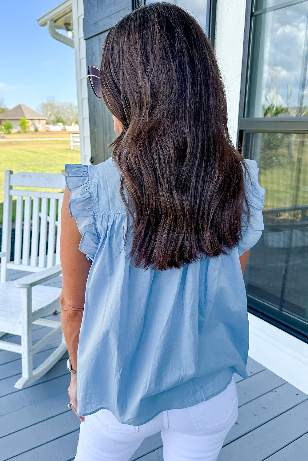 Sky Blue Ric Rac Trim Frilly Sleeveless Shirt-Tops/Blouses & Shirts-[Adult]-[Female]-2022 Online Blue Zone Planet