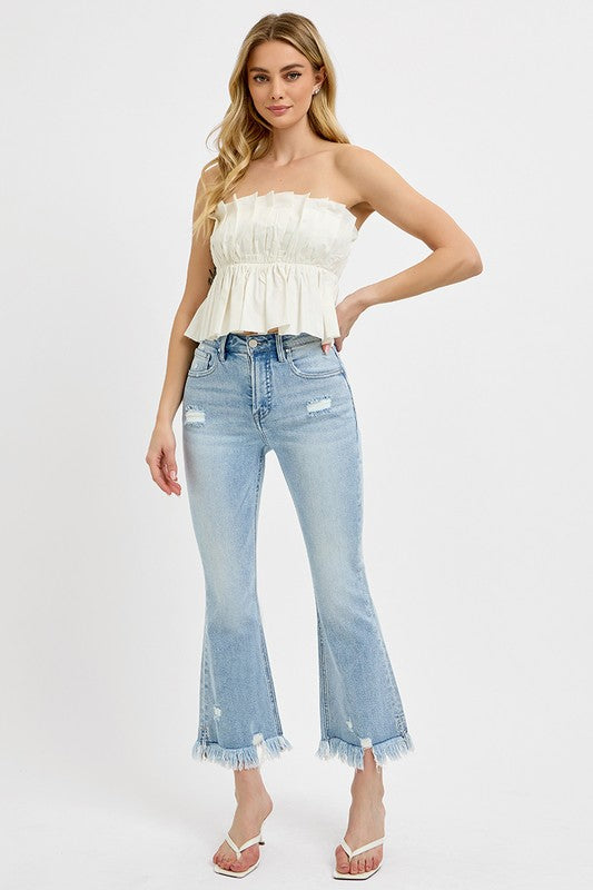 RISEN Full Size Raw Hem Distressed Cropped Flare Jeans Plus Size-BOTTOMS SIZES SMALL MEDIUM LARGE-[Adult]-[Female]-2022 Online Blue Zone Planet