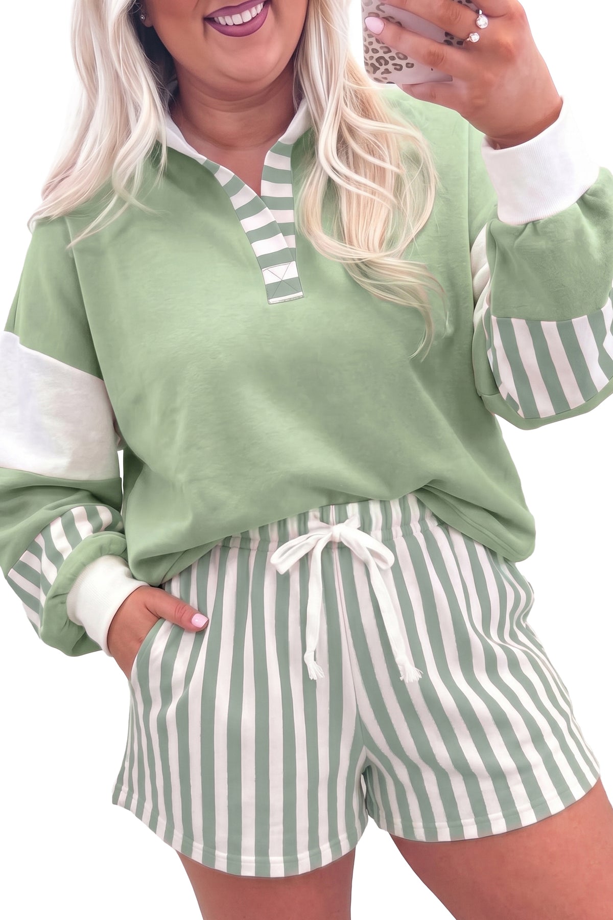 Smoke Green Striped Patchwork V Neck Two Piece Shorts Plus Size Set-Plus Size/Plus Size Loungewear-[Adult]-[Female]-2022 Online Blue Zone Planet