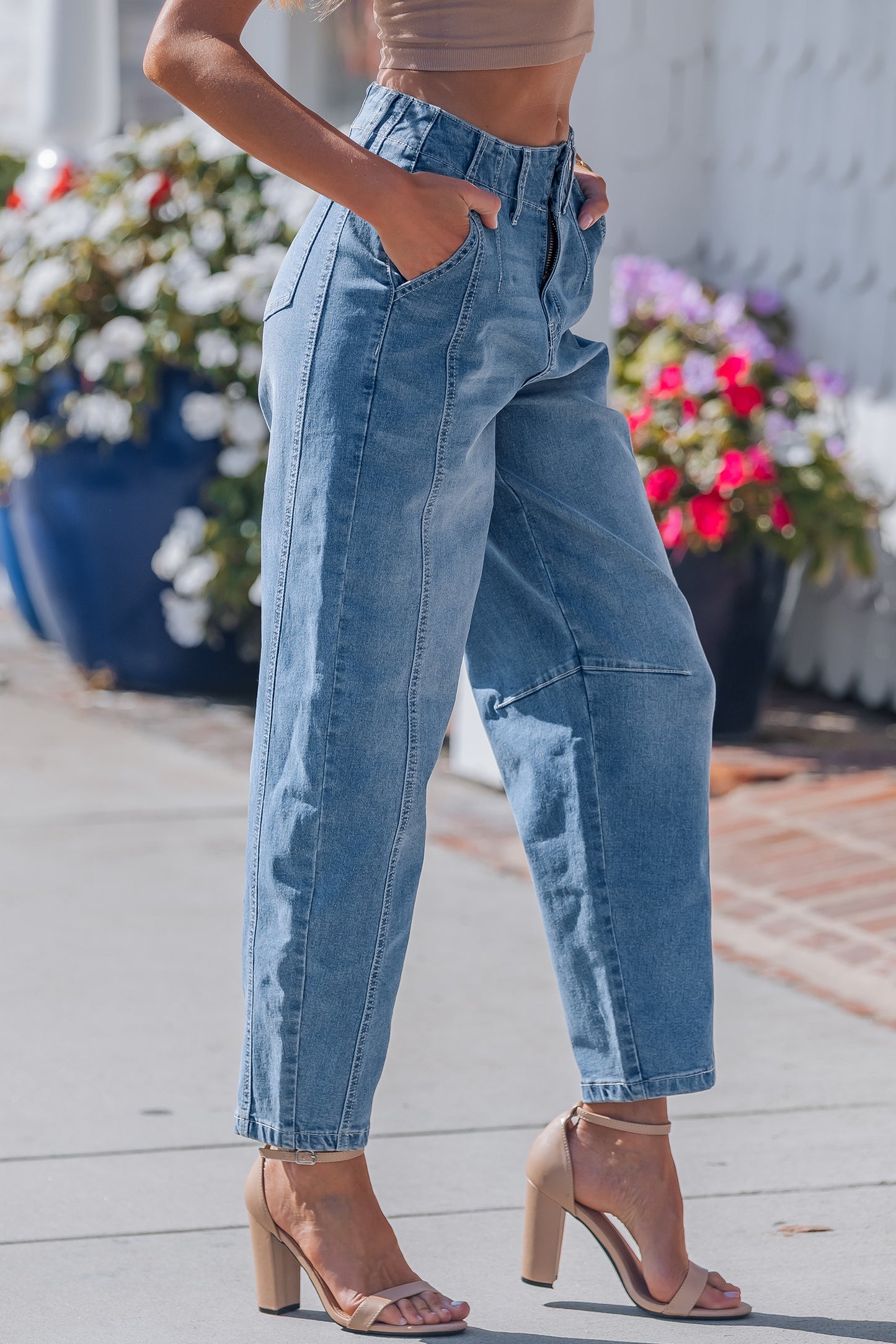 Sky Blue Medium Wash Cuffed Barrel Jeans-TOPS / DRESSES-[Adult]-[Female]-2022 Online Blue Zone Planet