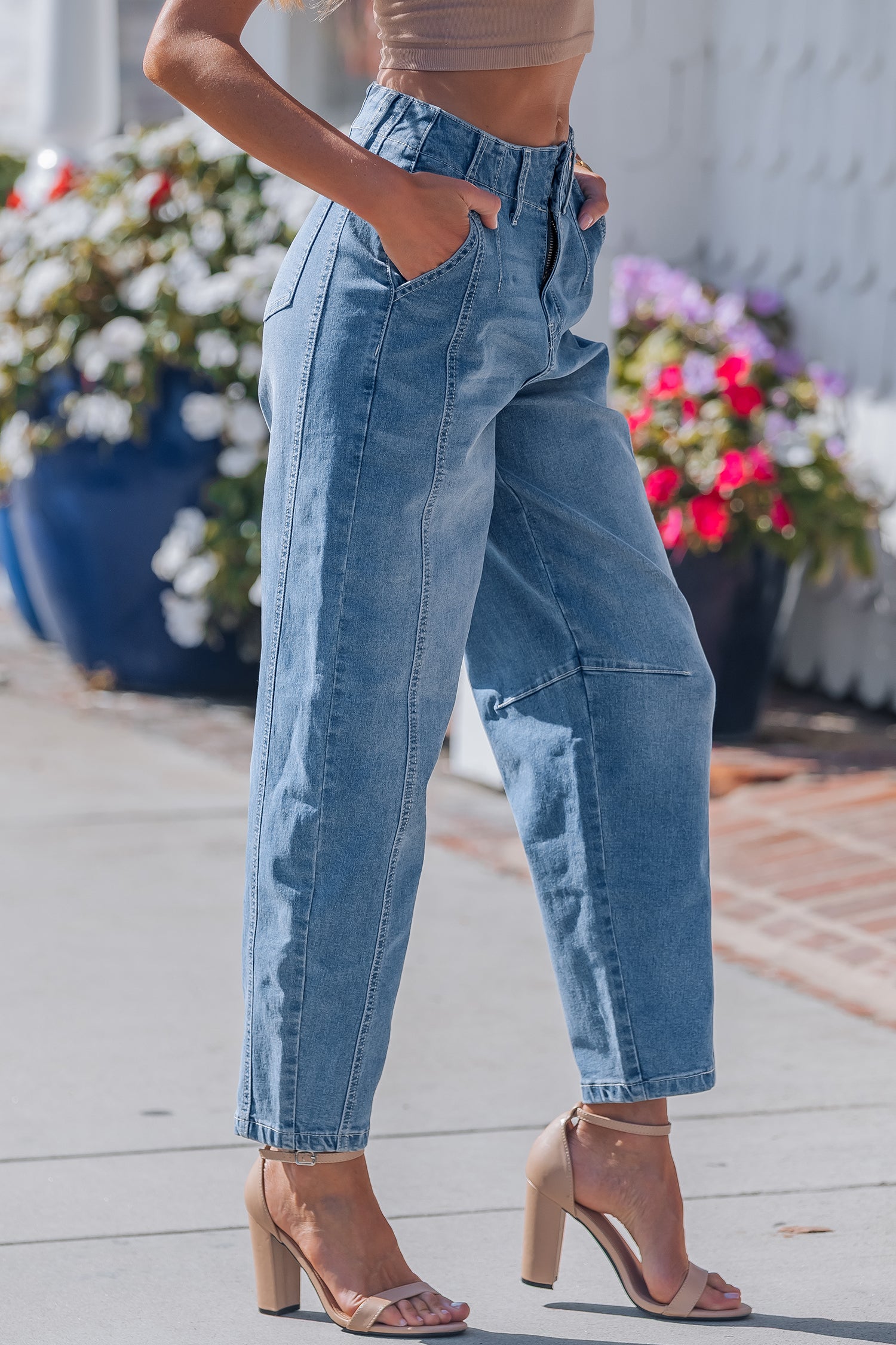 Sky Blue Medium Wash Cuffed Barrel Jeans-TOPS / DRESSES-[Adult]-[Female]-2022 Online Blue Zone Planet