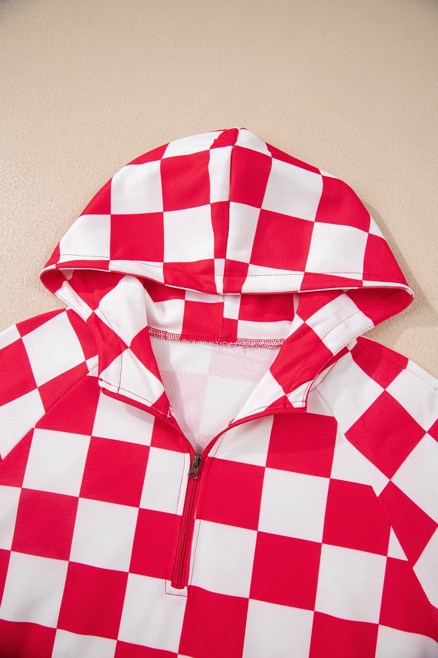 Red Checkered Print Half Zip Hoodie Loose Pant Set-Tops / Dresses-[Adult]-[Female]-2022 Online Blue Zone Planet